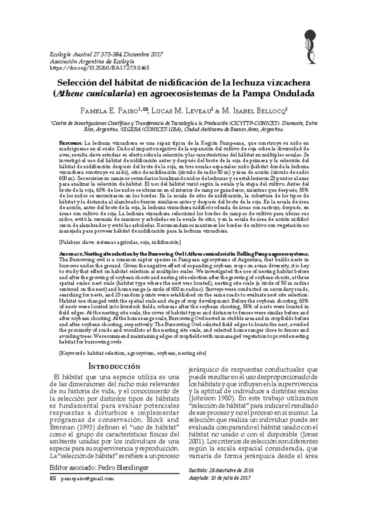 Pairo P. et al (2017 ) Seleccion del habitat de nidificacion de la ...