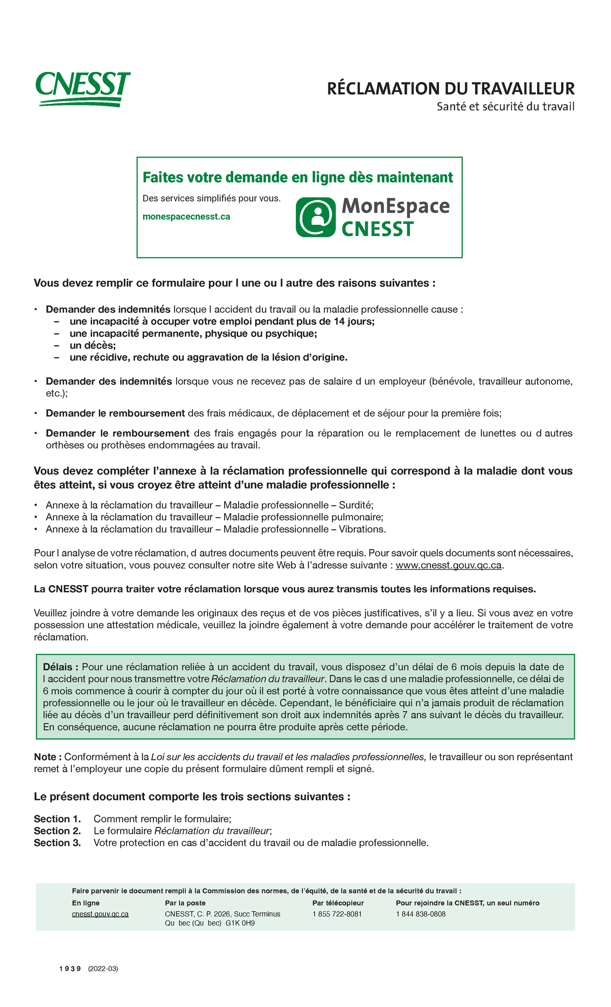 Réclamation du travailleur : Formulaire et Instructions CNESST 1939 ...