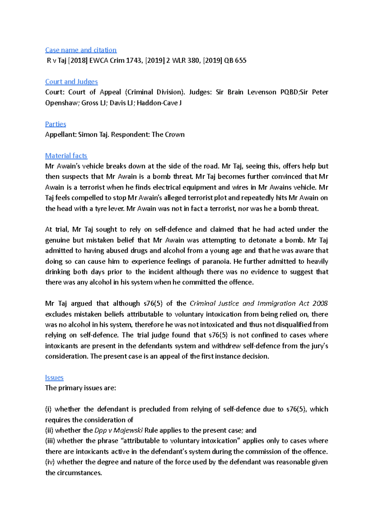 Criminal law case note - Case note - Case name and citation R v Taj ...