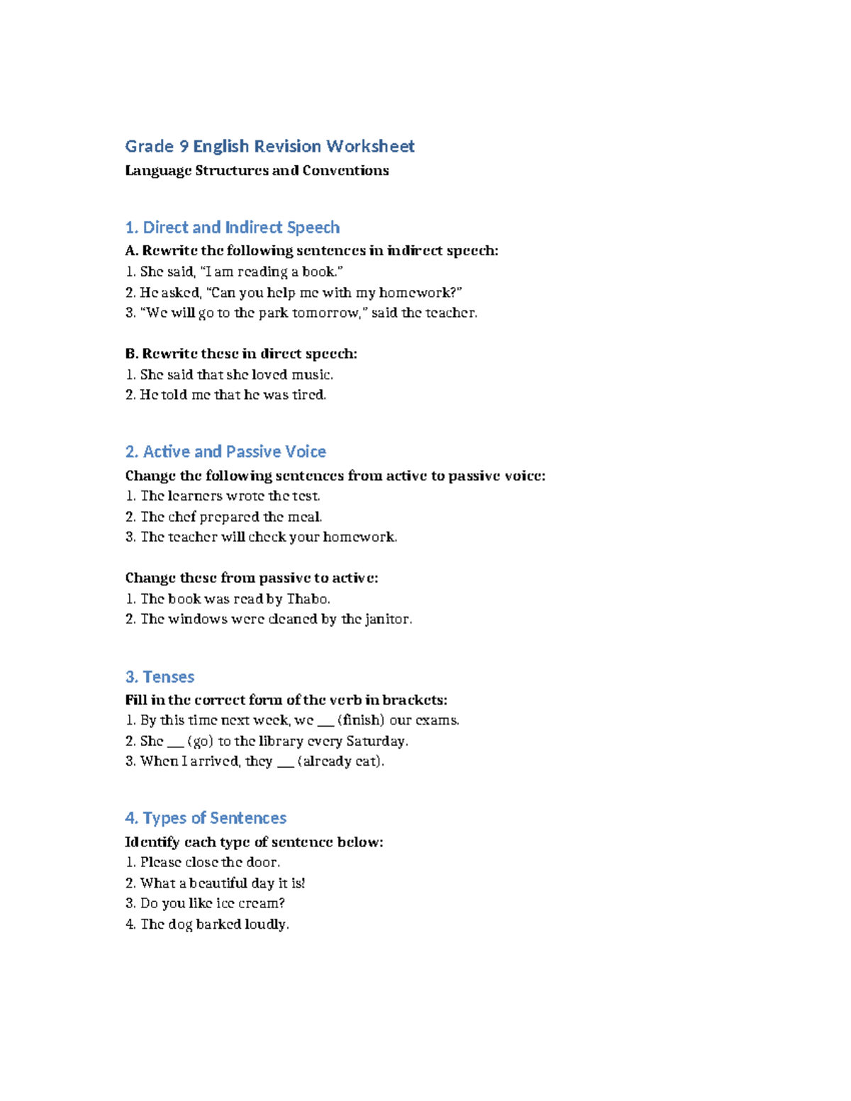 Grade 9 English Revision Worksheet: Language Structures & Conventions ...