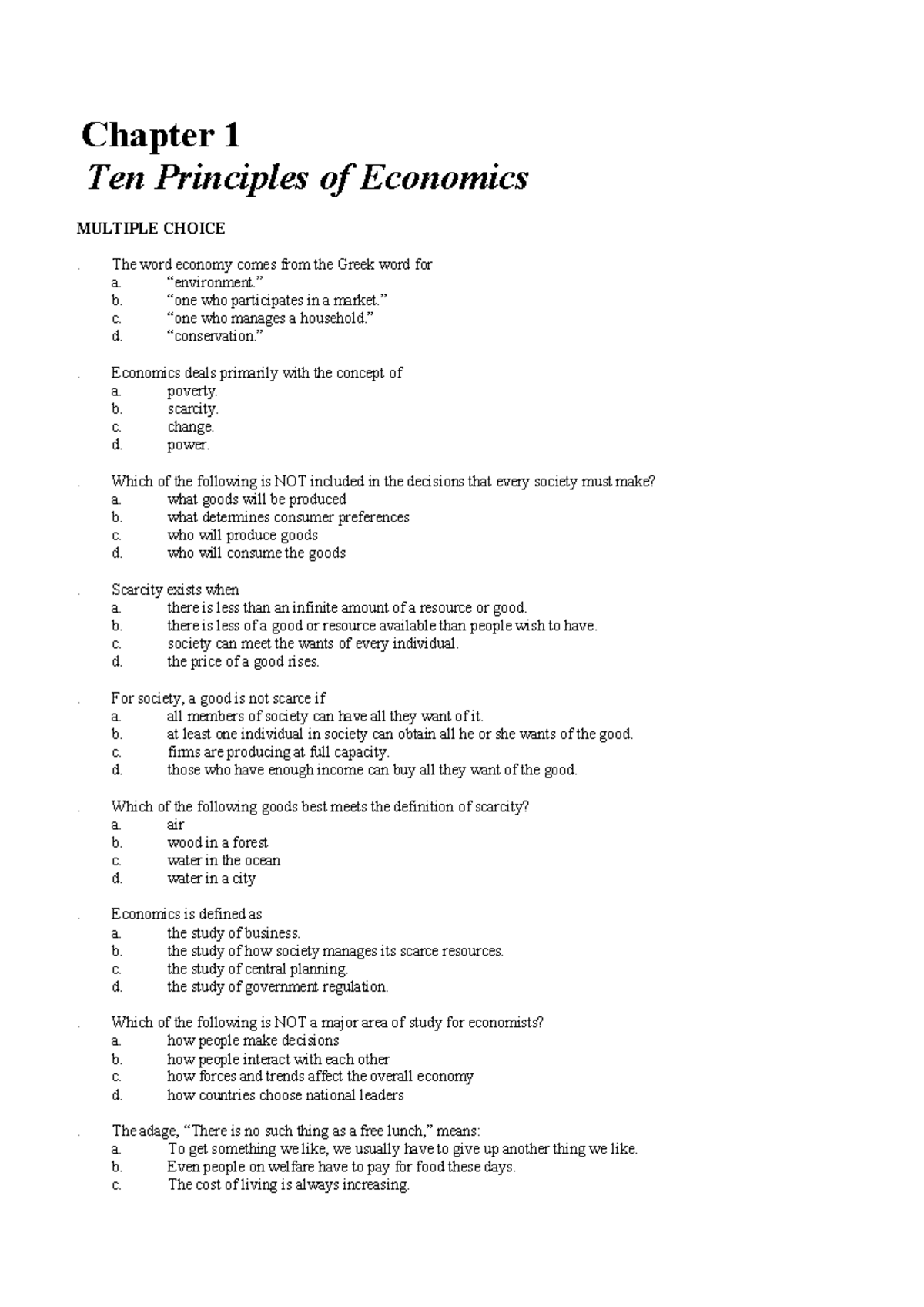 Chapter 1 - Principles of Economics: MCQ Review - Studocu