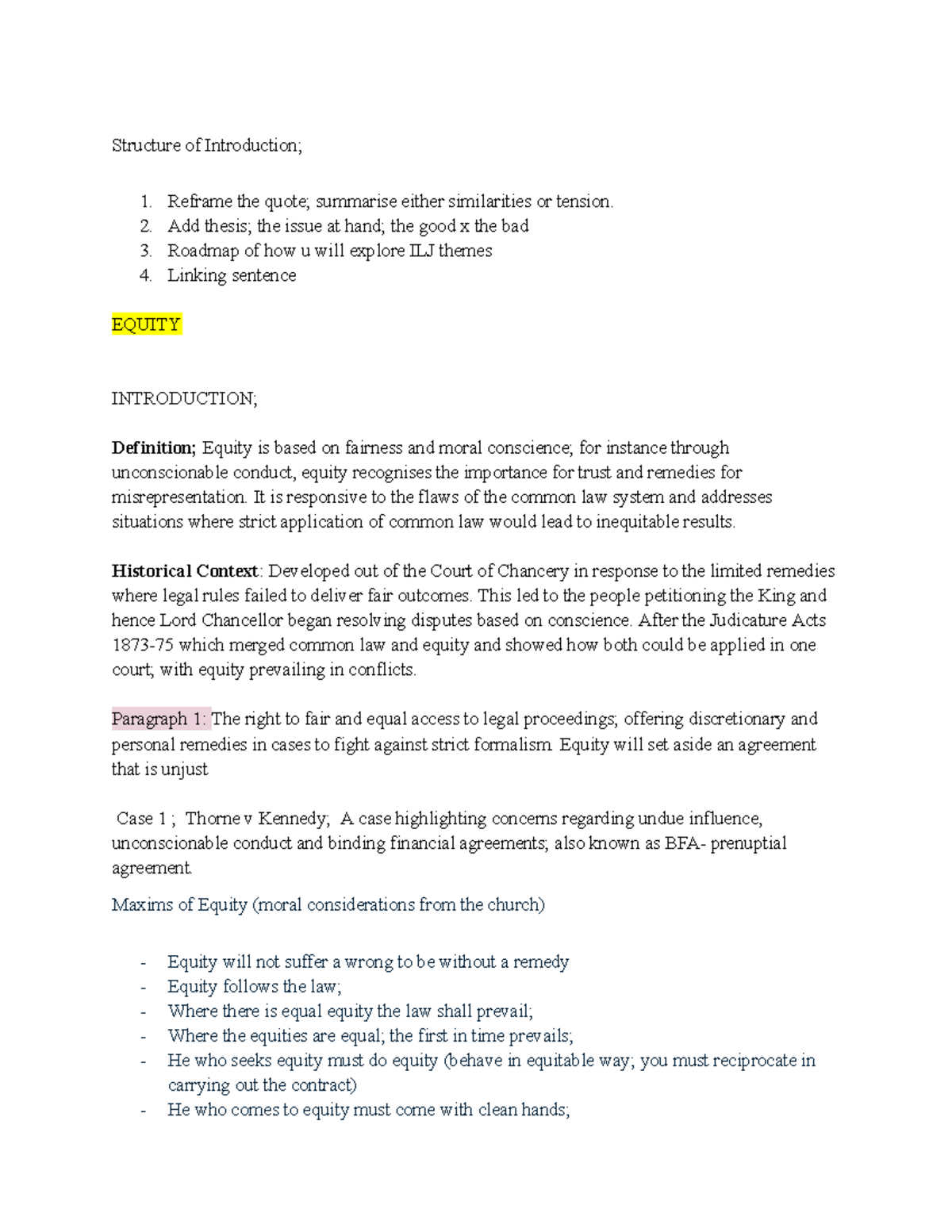 LAWS 1052: Essay Plans on Equity and Common Law Conflicts - Studocu