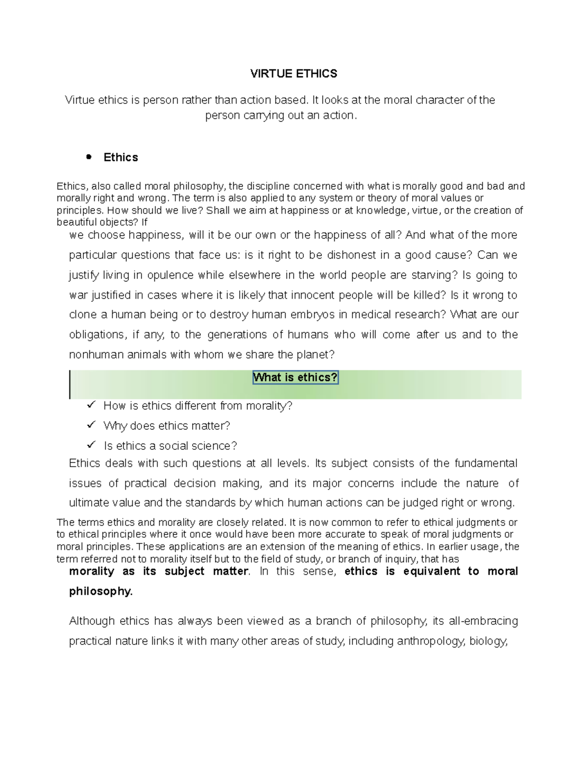 GRMC Module 5 - Character Education - What is ethics? VIRTUE ETHICS ...