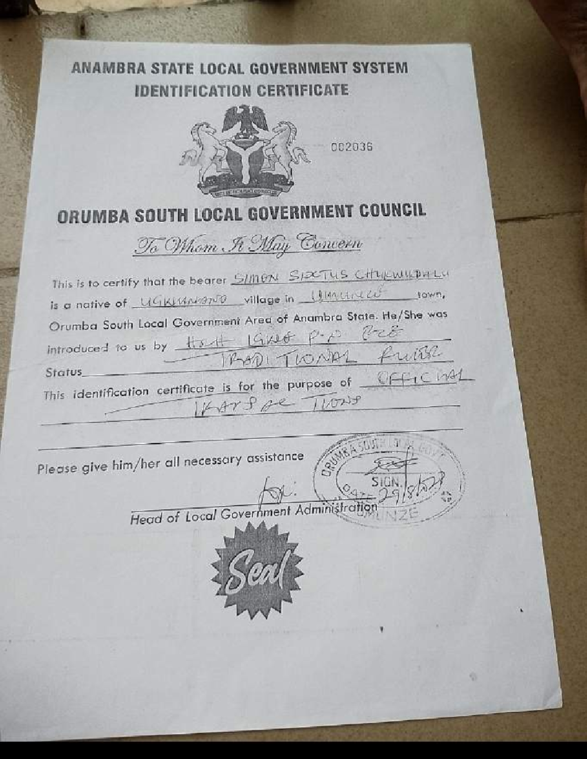 Anambra State LGA Identification Certificate for Simon Sixtus Churwhd ...