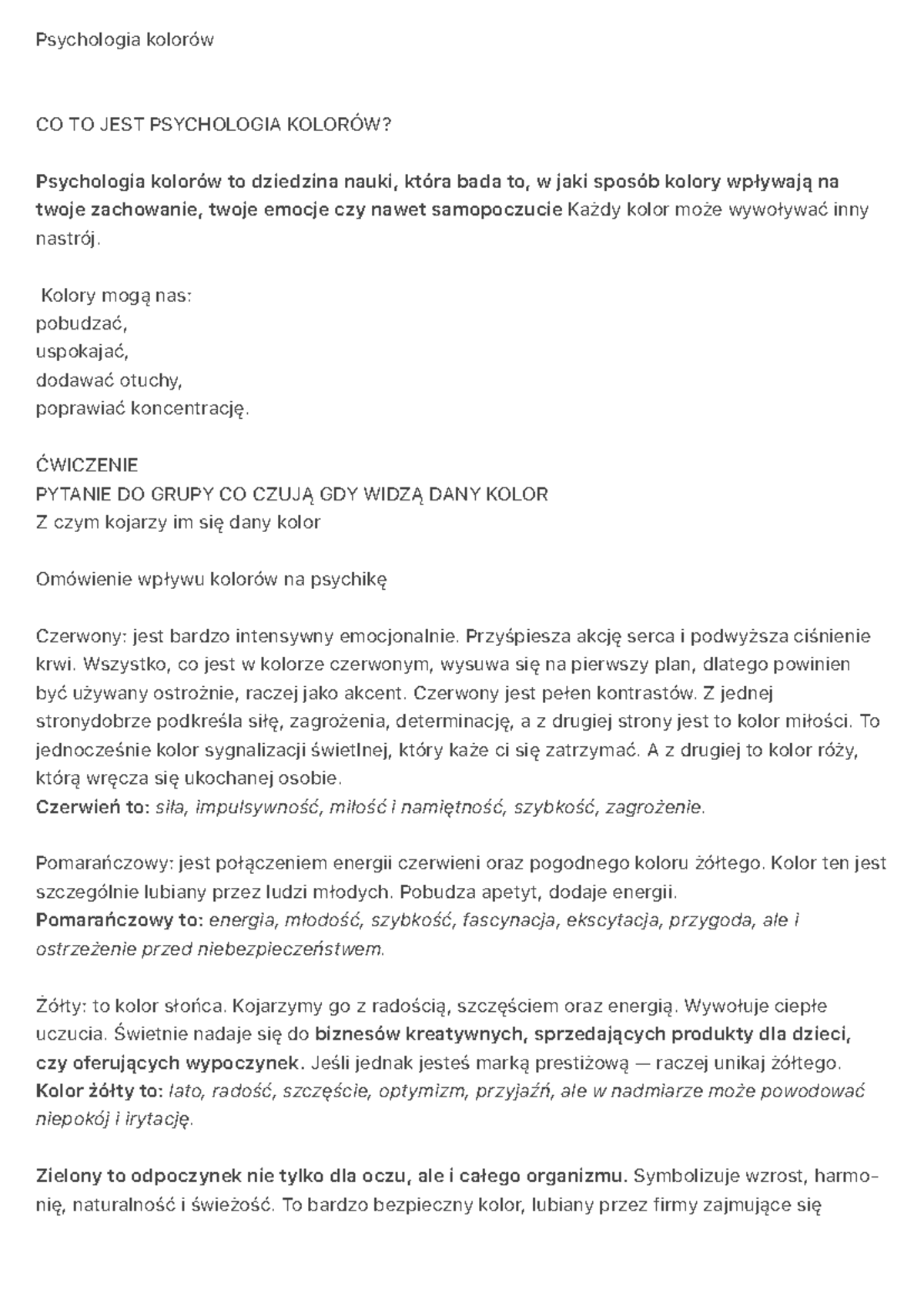 Psychologia kolorów: Wpływ barw na emocje i zachowanie - Studocu