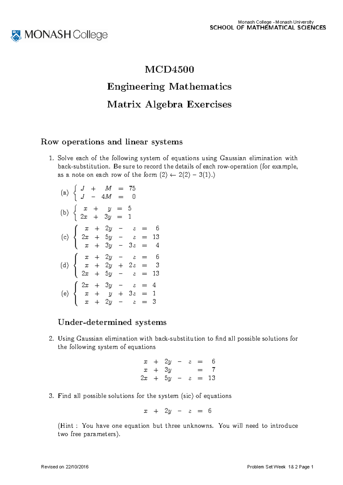 Worksheet - Week 01 and 02 - SCHOOL OF MATHEMATICAL SCIENCES MCD ...