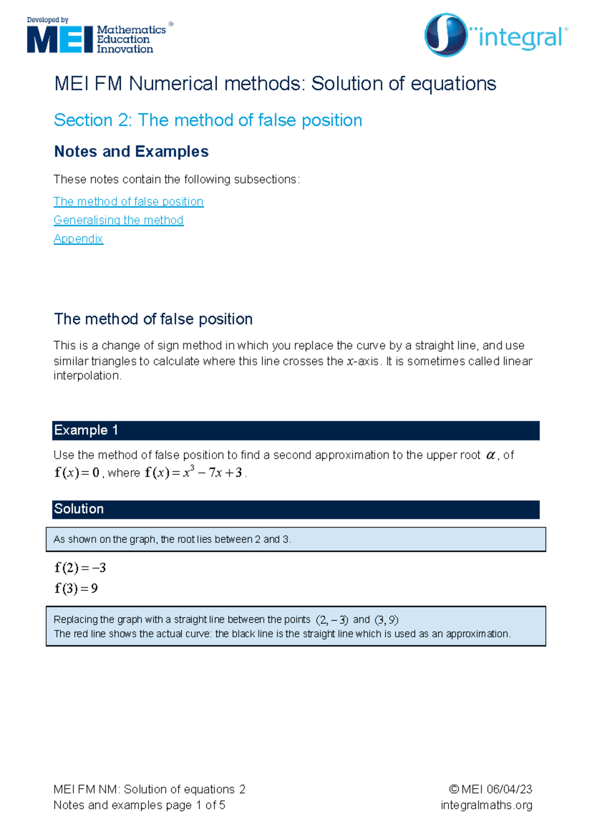 MEI FM NM: False Position Method Notes & Examples - Studocu