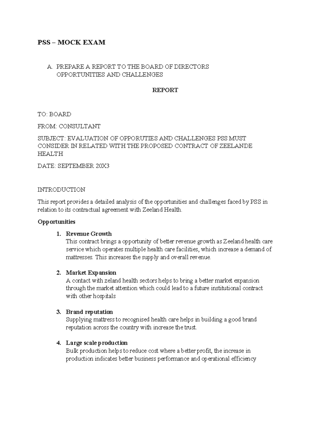 PSS MOCK EXAM A: Opportunities & Challenges Report for Zeeland Health ...
