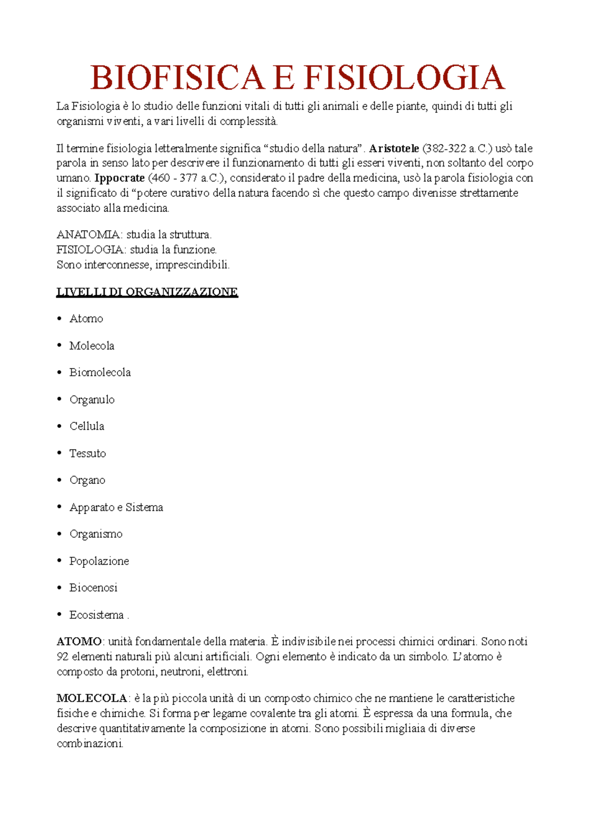 Teoria Biofisica e Fisiologica: Concetti Fondamentali e Approfondimenti - Document Preview