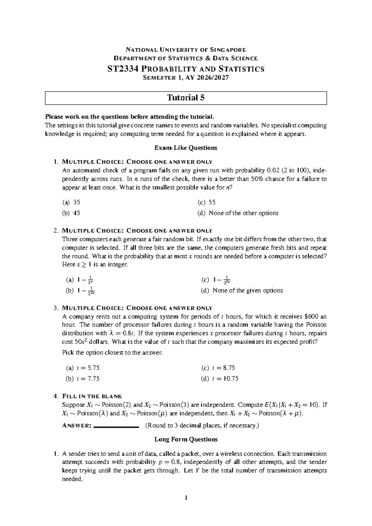 ST2334 Tutorial 05: Probability and Statistics Exercises - Studocu