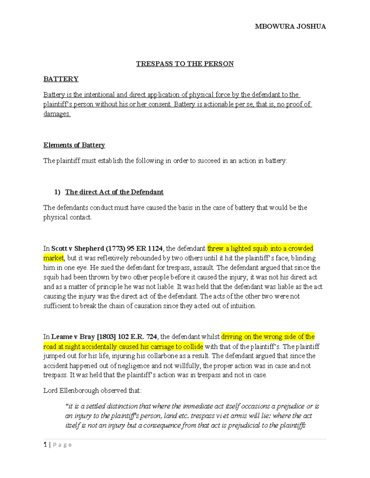 Battery (LAW101) - Comprehensive Summary Notes on Elements and Cases ...