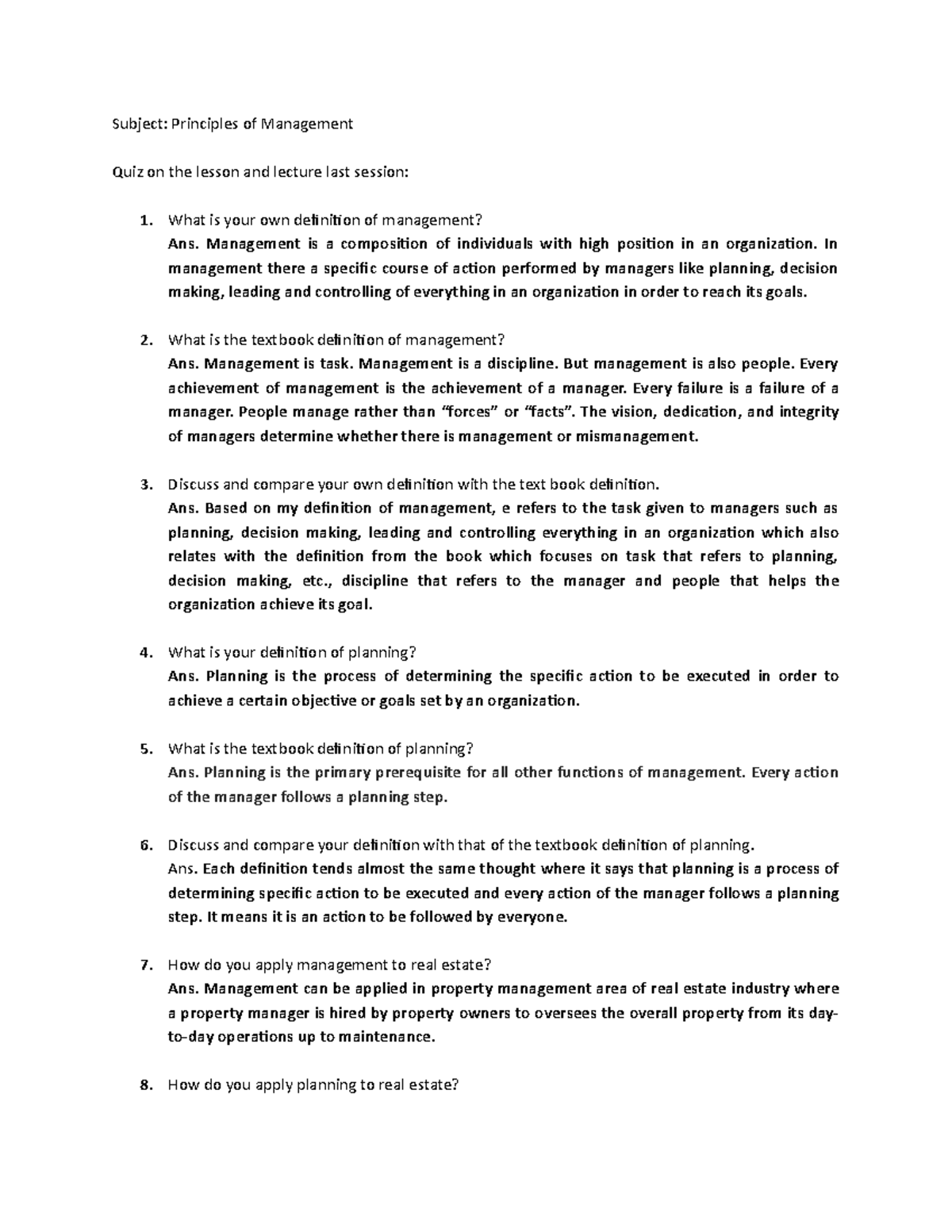 Principles of Management Quiz no. 1 - Subject: Principles of Management ...
