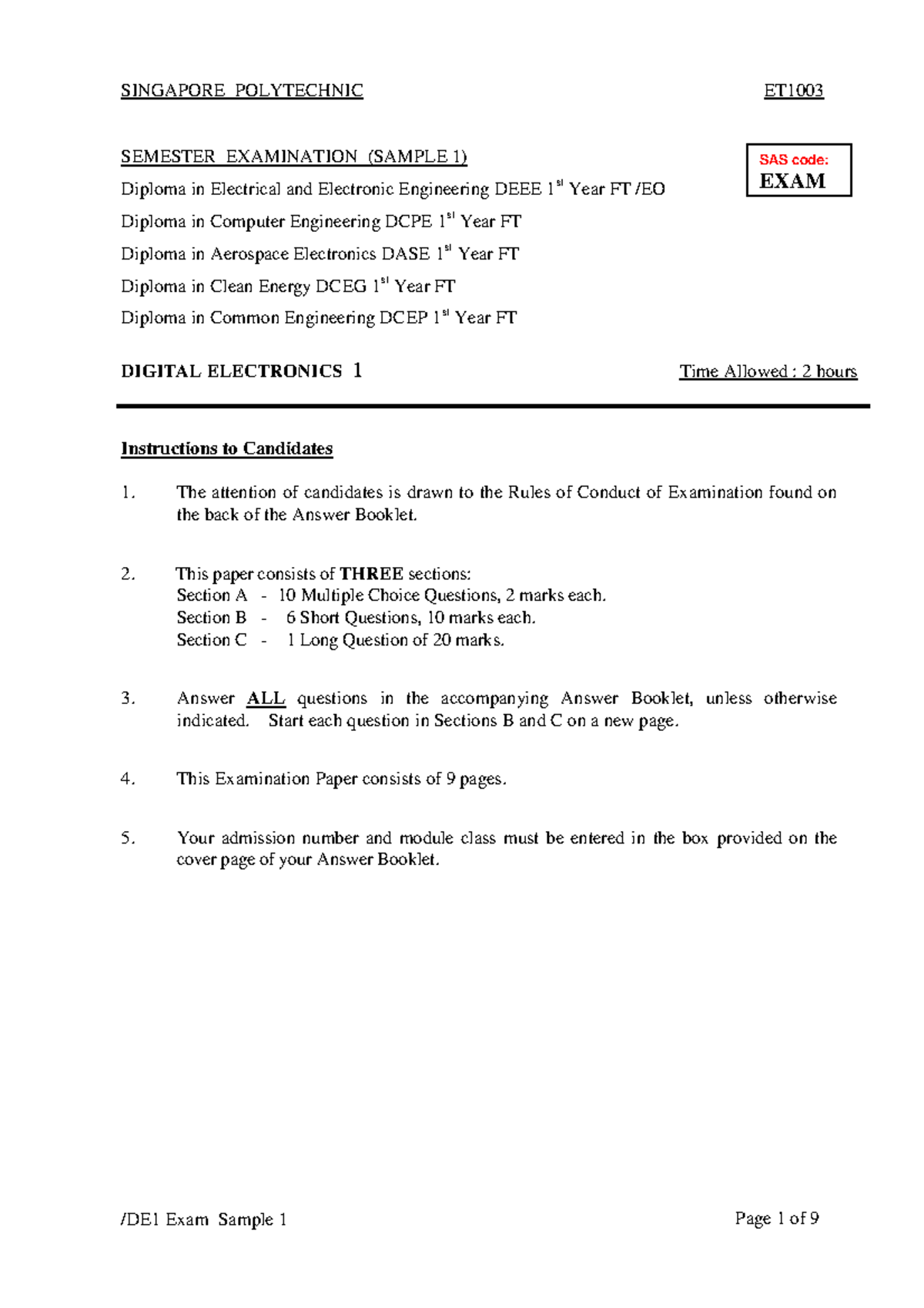ET1003 Digital Electronics Exam Sample 1 - Singapore Polytechnic - Studocu