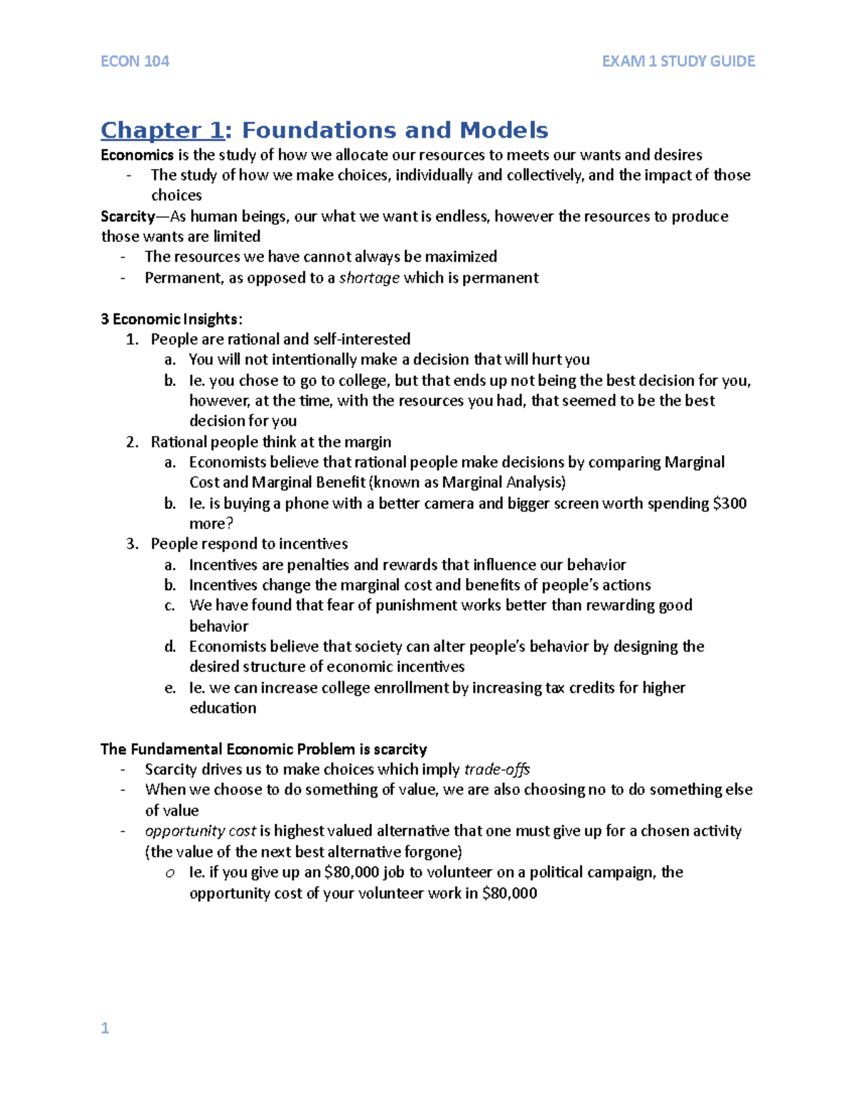 ECON 104 Exam 1 Review: Key Concepts in Economics and Models - Studocu