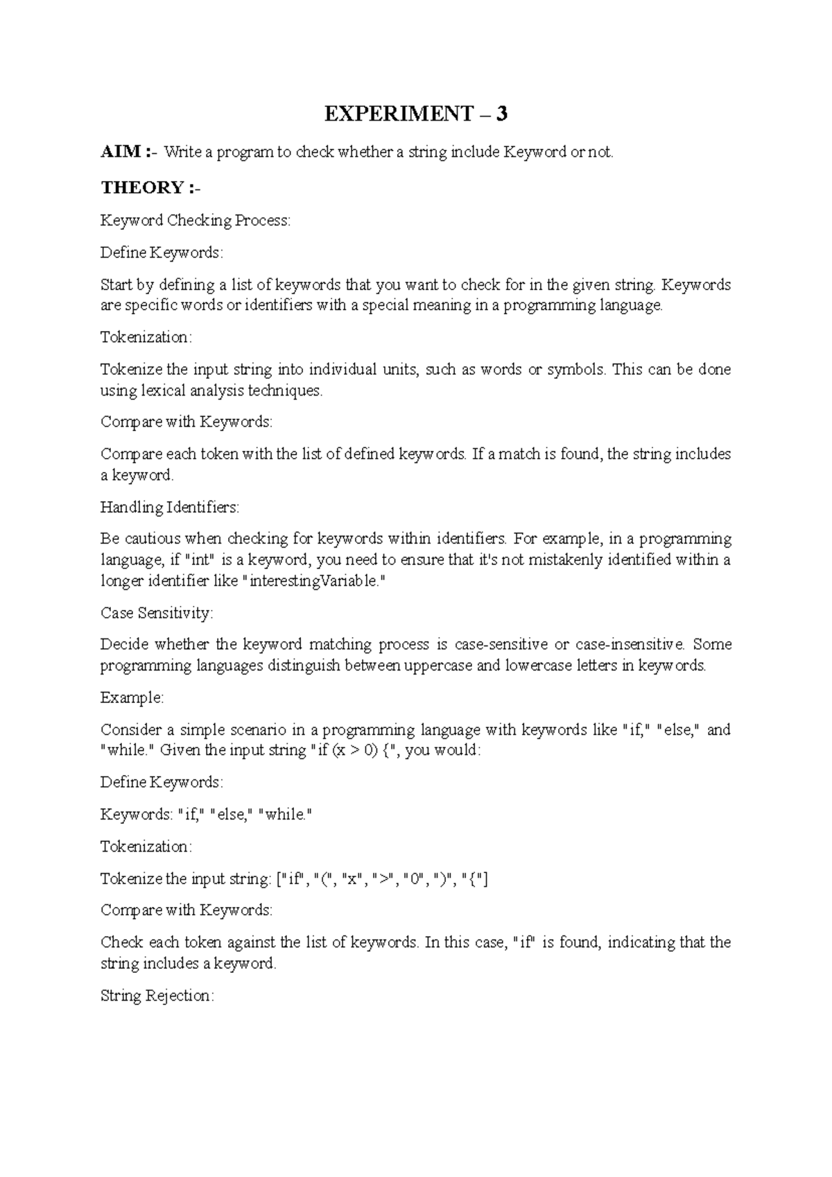 Lab File for CD EXP 2-10: String Keyword Check & Grammar Analysis - Studocu