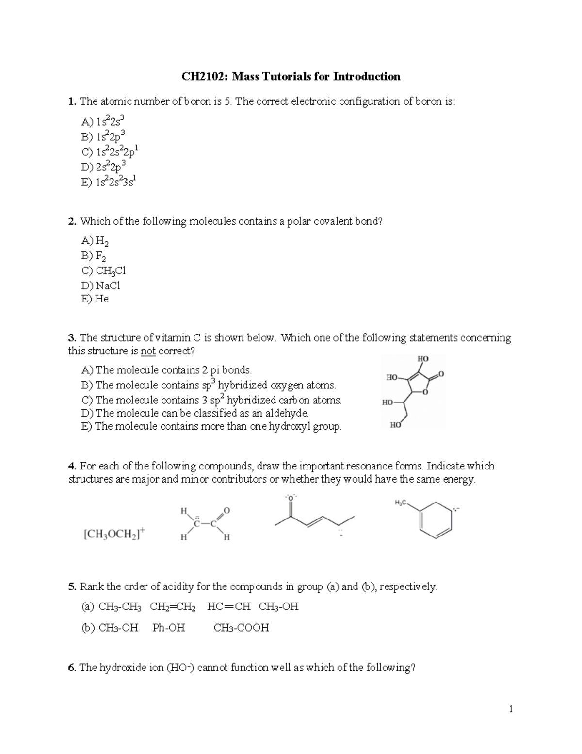 CH2102: Mass Tutorial 1 - Introduction to Chemical Concepts - Studocu