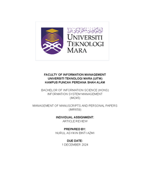 Assignment Guideline - MANAGEMENT OF MANUSCRIPTS AND PERSONAL PAPERS ...