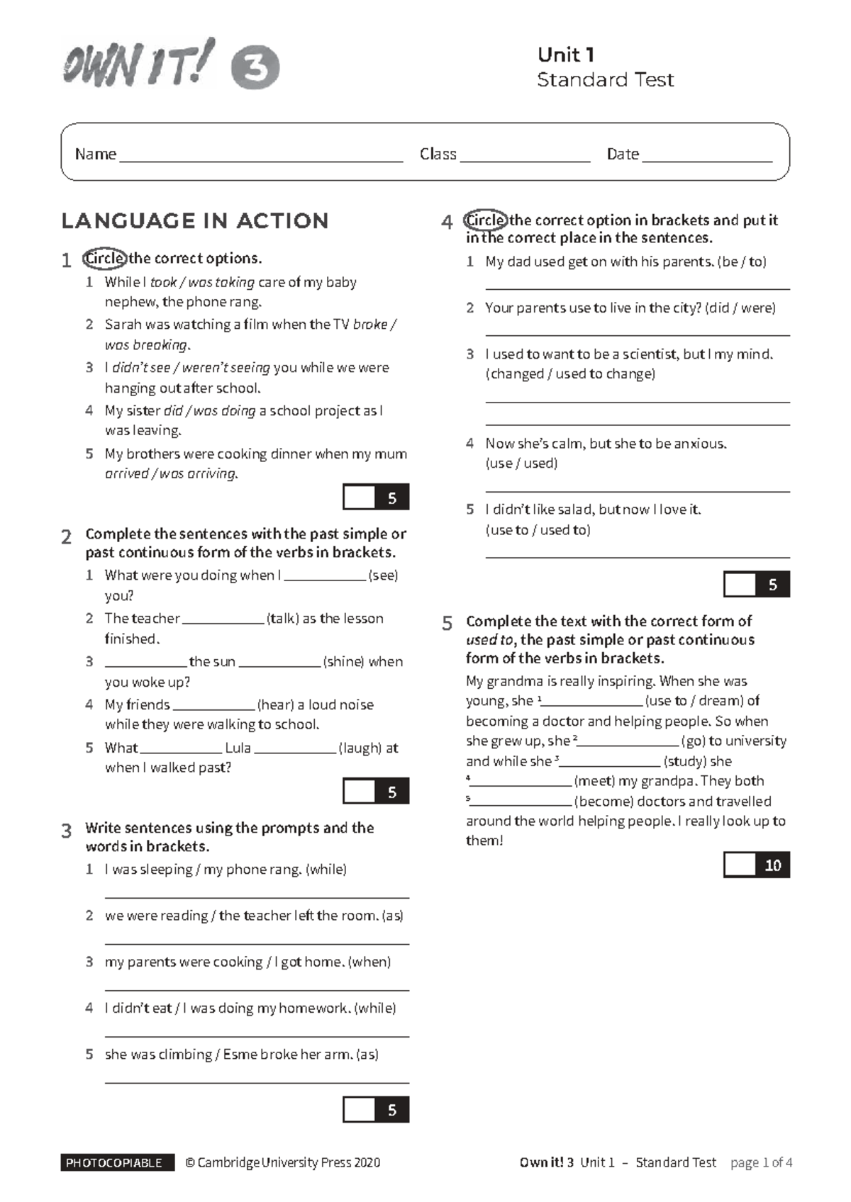 OI3 Unit 1 Standard Test: Language in Action (No Answers) - Studocu