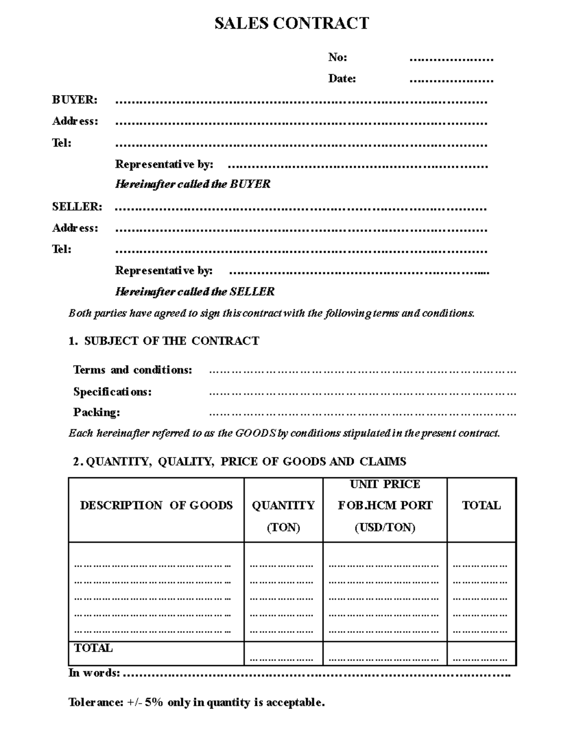 Sales Contract - abc - SALES CONTRACT No: ..................... Date