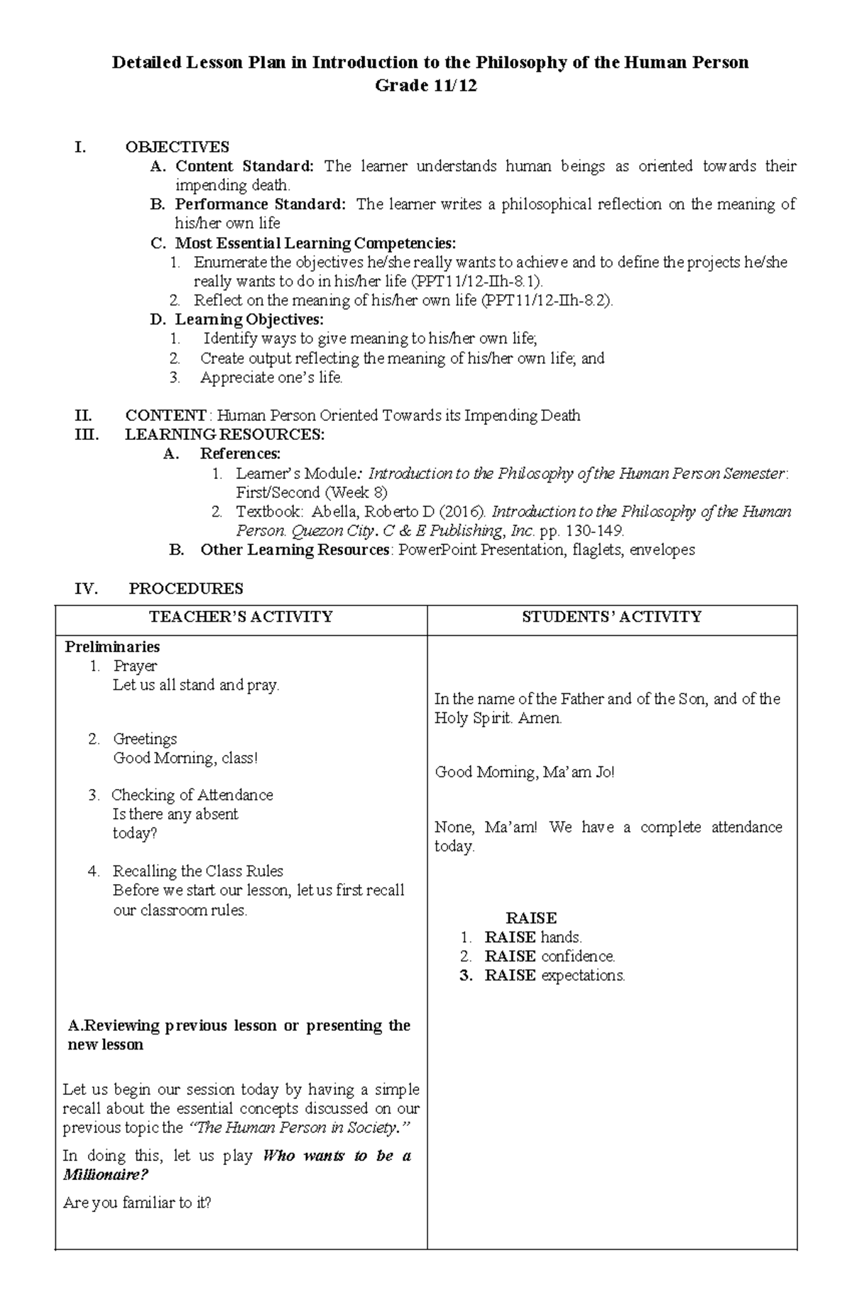Detailed Lesson Plan: Philosophy of the Human Person (Grade I) - Studocu