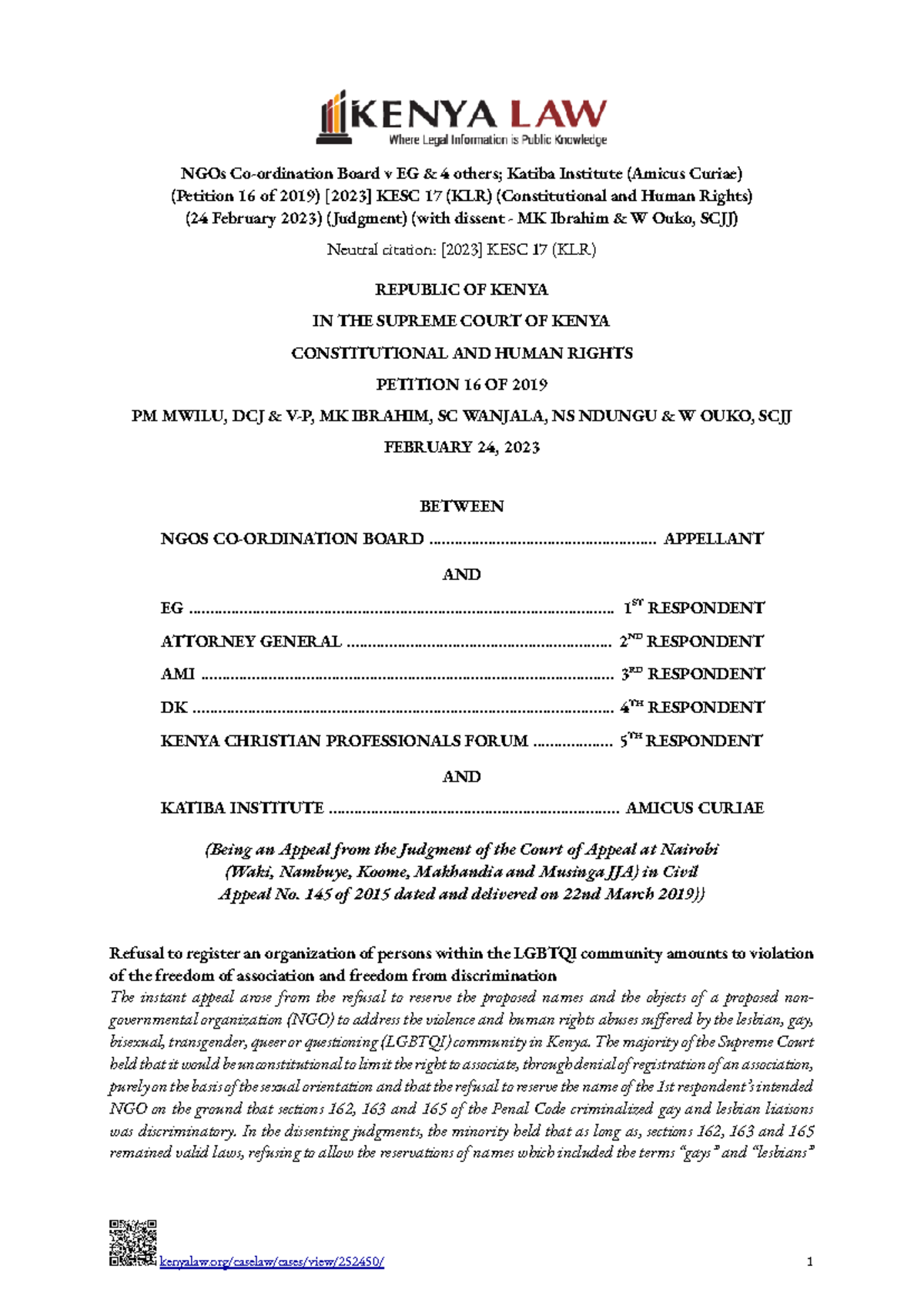 NGOs Co-ordination Board v EG 4 others Scork Petition 16 of 2019 - NGOs ...