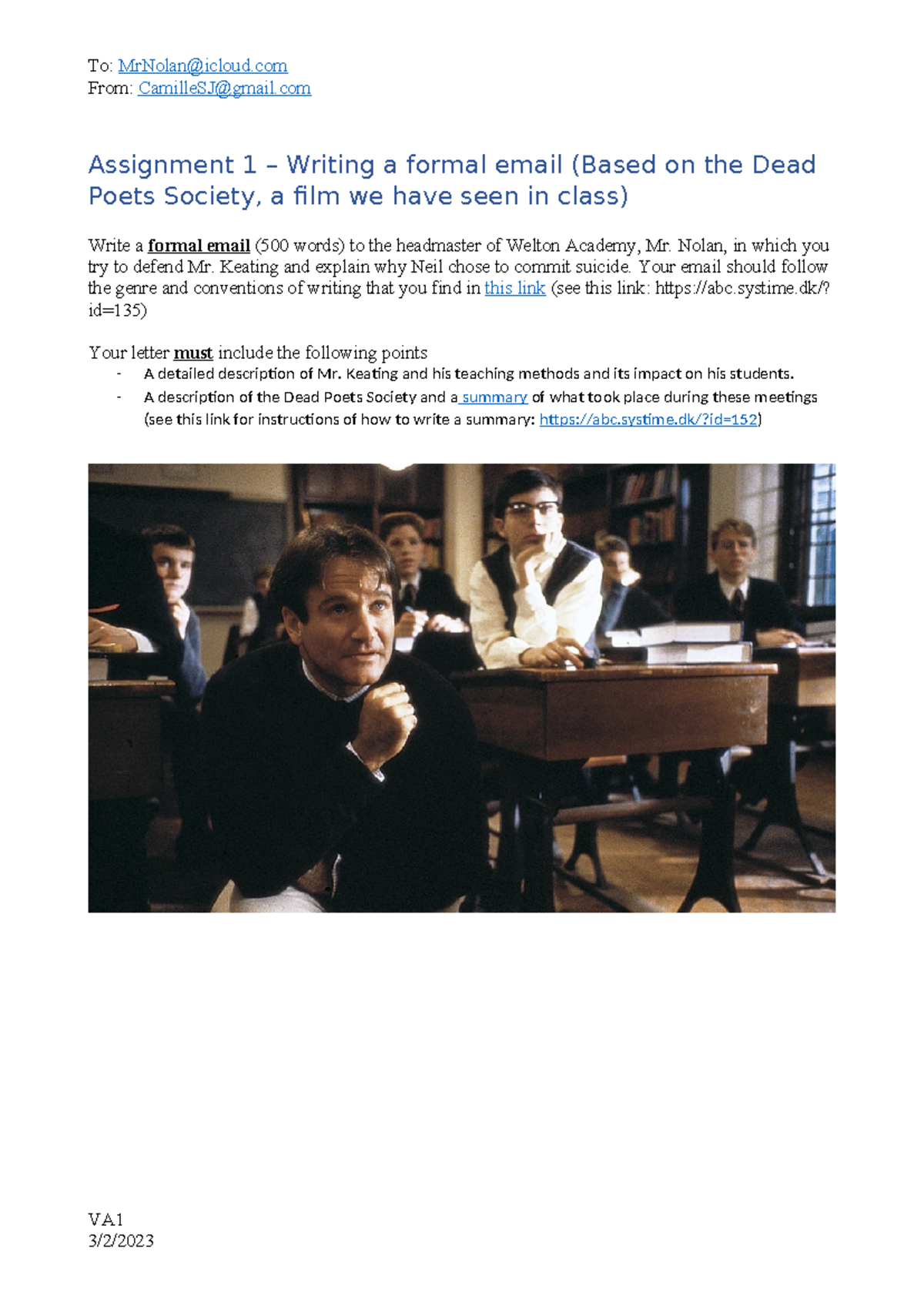 Assignment 1 - writing a formal email - To: MrNolan@icloud From ...