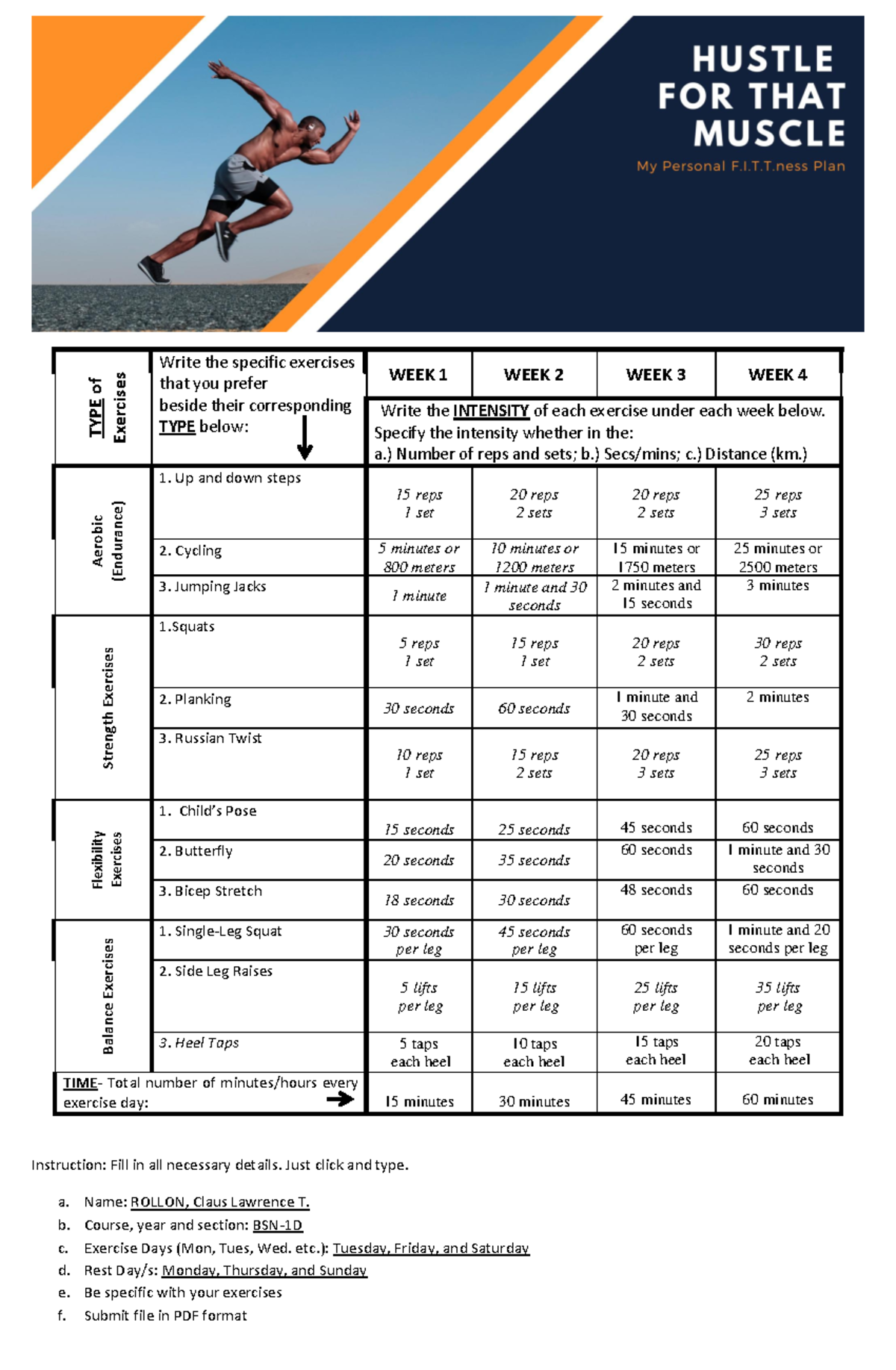 BSN-1D F.I.T.T.ness Plan Template for Exercise and Goals - Studocu
