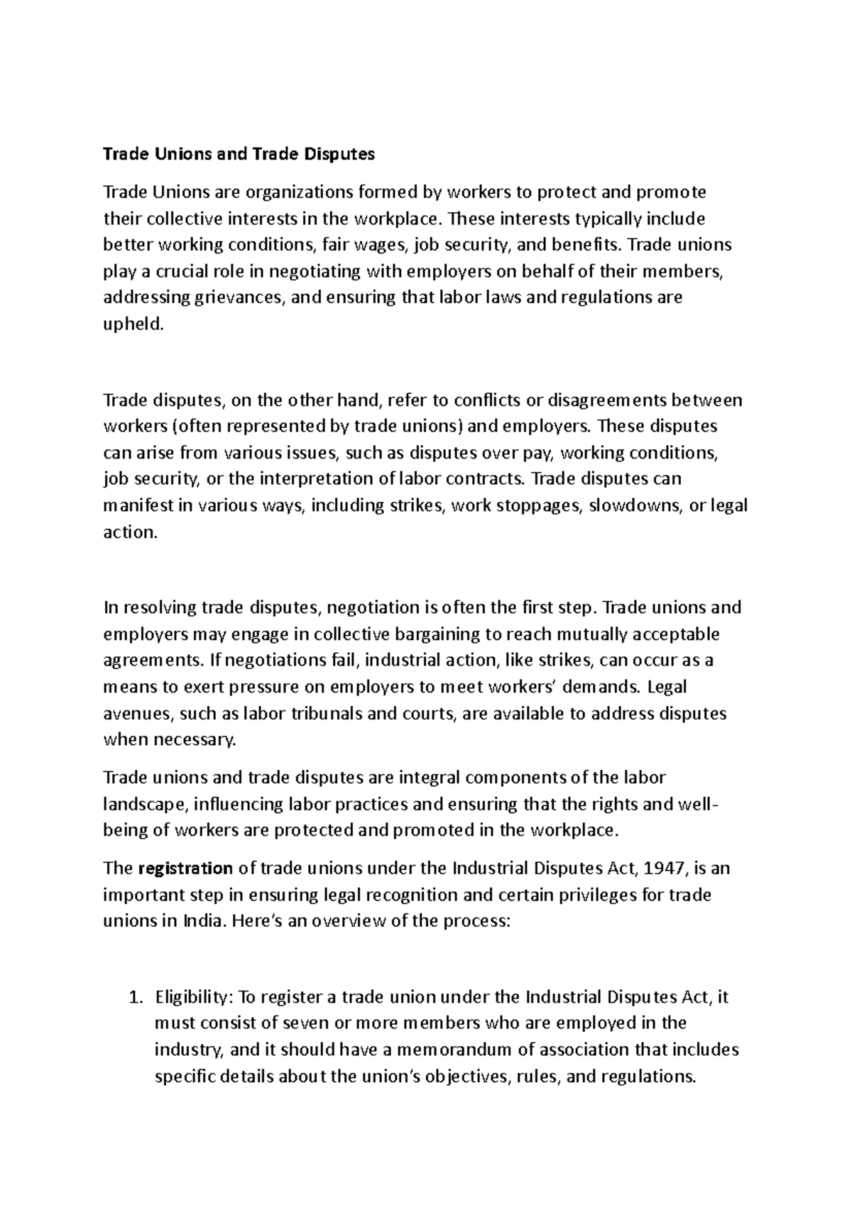 Unit 3: Labour Law - Understanding Trade Unions & Disputes - Studocu