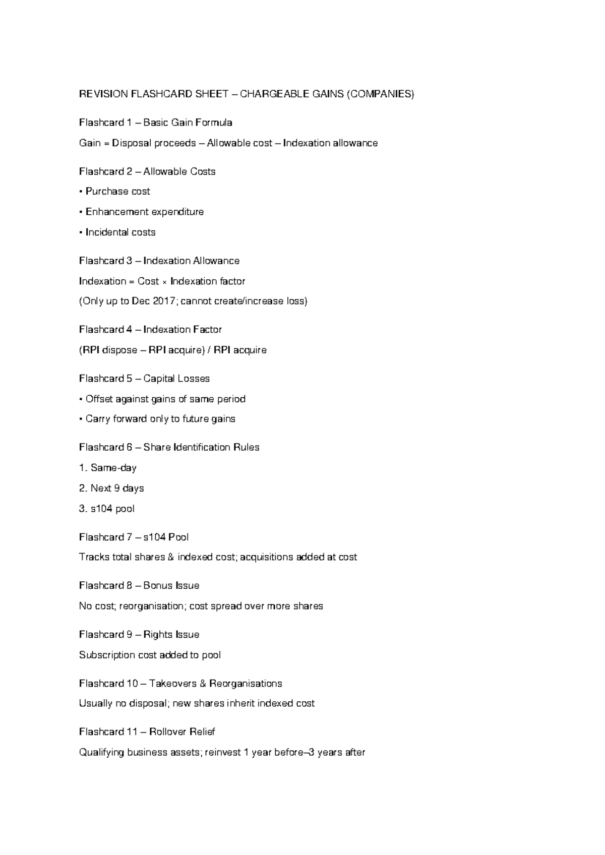 Chargeable Gains Flashcards Formula Sheet (Revision) - Studocu