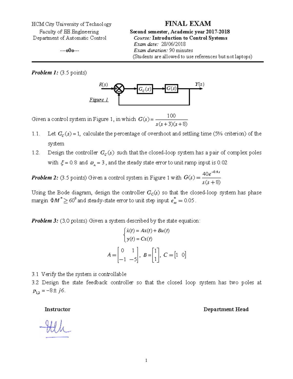 FINAL EXAM EE 172: Introduction to Control Systems Solutions - Studocu