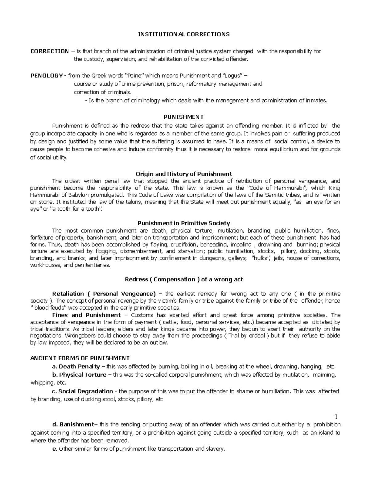 CA 1 Exam Notes: Understanding Institutional Corrections and Punishment ...