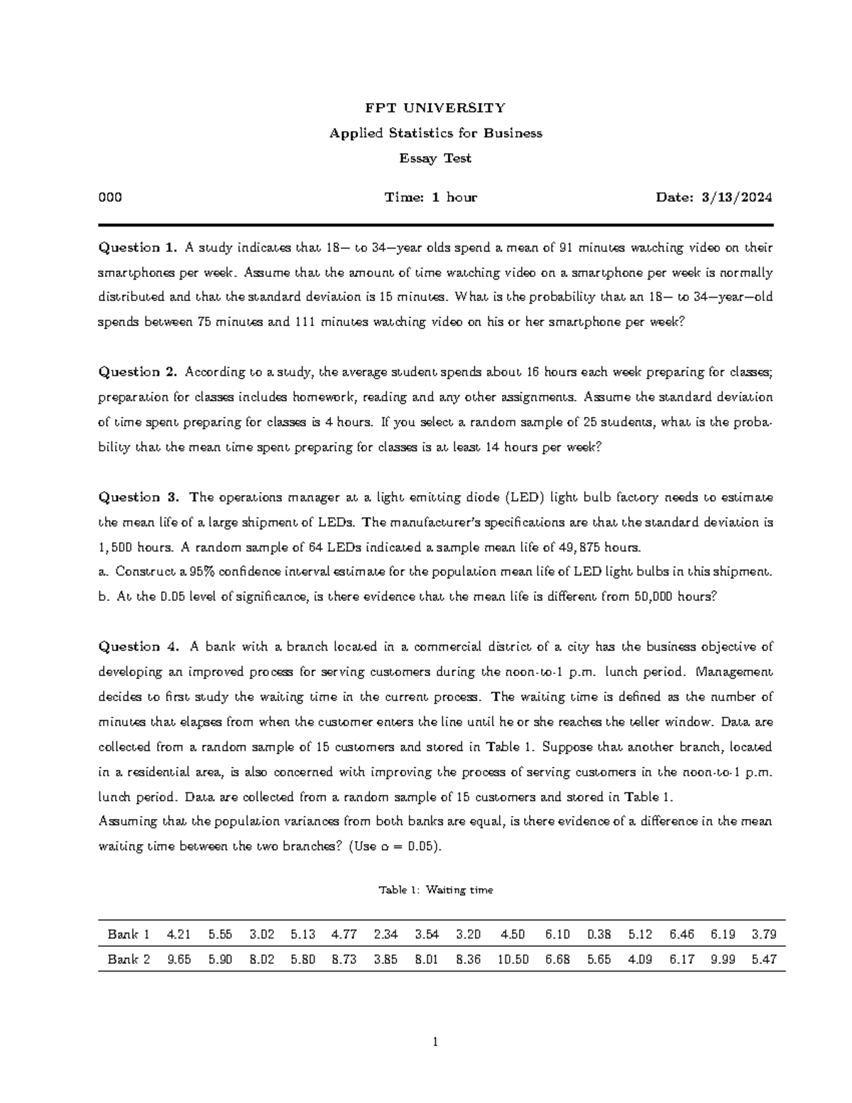 MAS202 SP24 1 - practice - FPT UNIVERSITY Applied Statistics for ...
