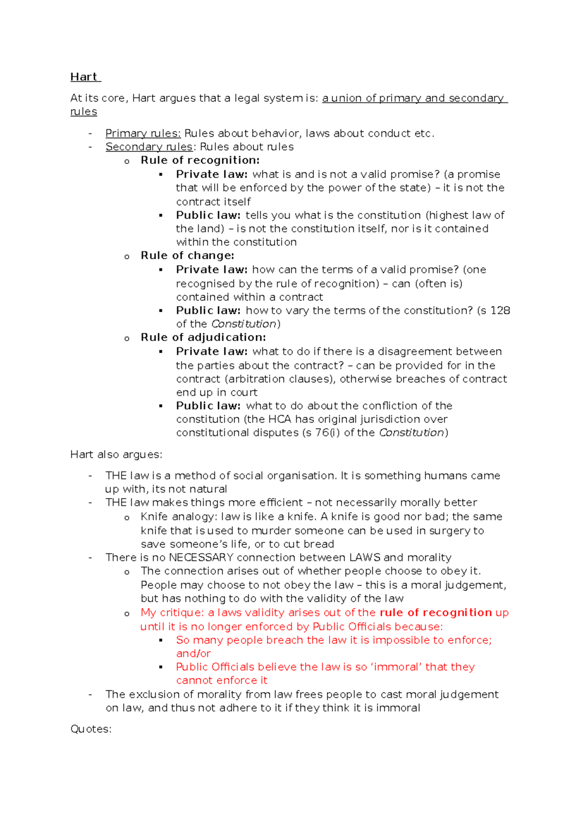 Hart's Legal Theory: Exam Notes on Primary & Secondary Rules - Studocu