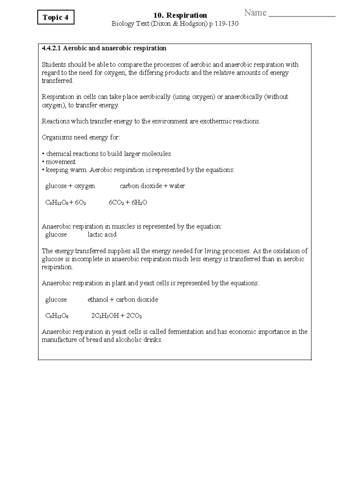 Biology 101: Respiration & Exercise Revision Questions - Studocu