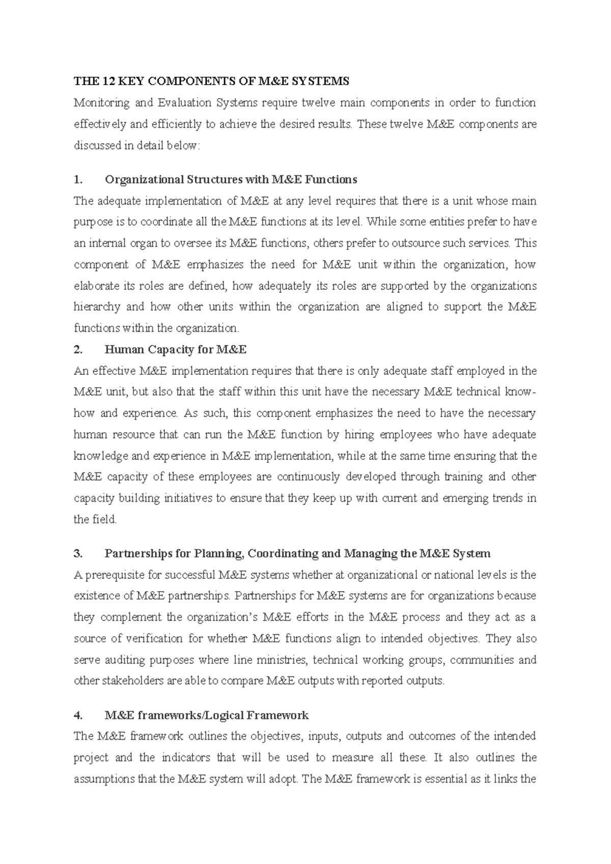 THE 12 KEY COMPONENTS OF M&E SYSTEM (Monitoring & Evaluation) - Studocu