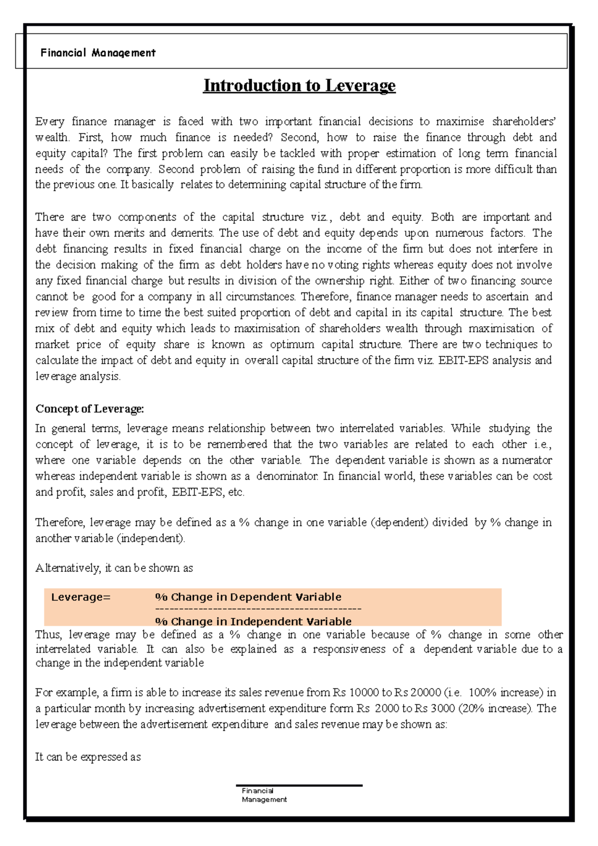Leverege Final - Financial M - Financial Management Leverage= % Change ...