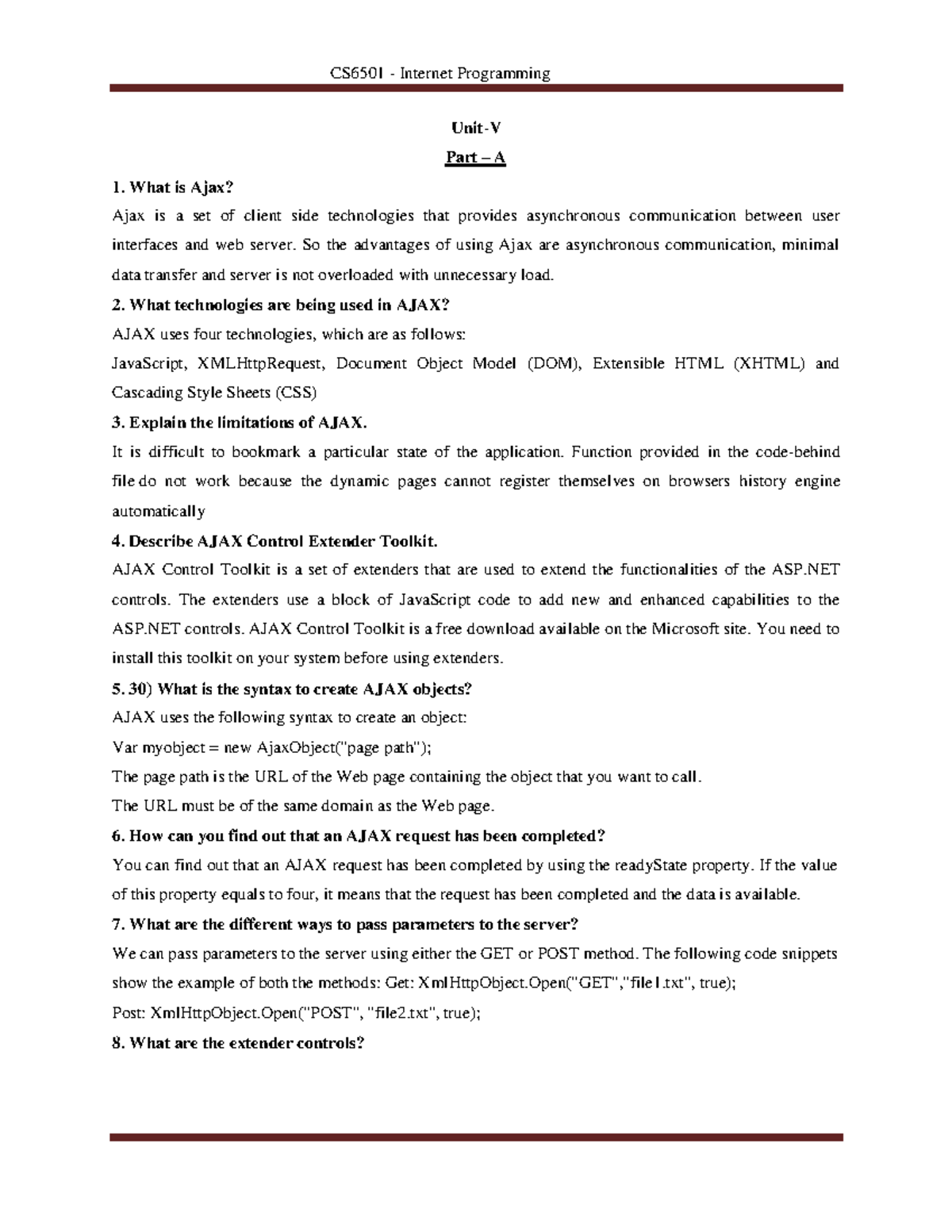 AJAX Technologies and Concepts - Question Bank for Unit 5 - Studocu
