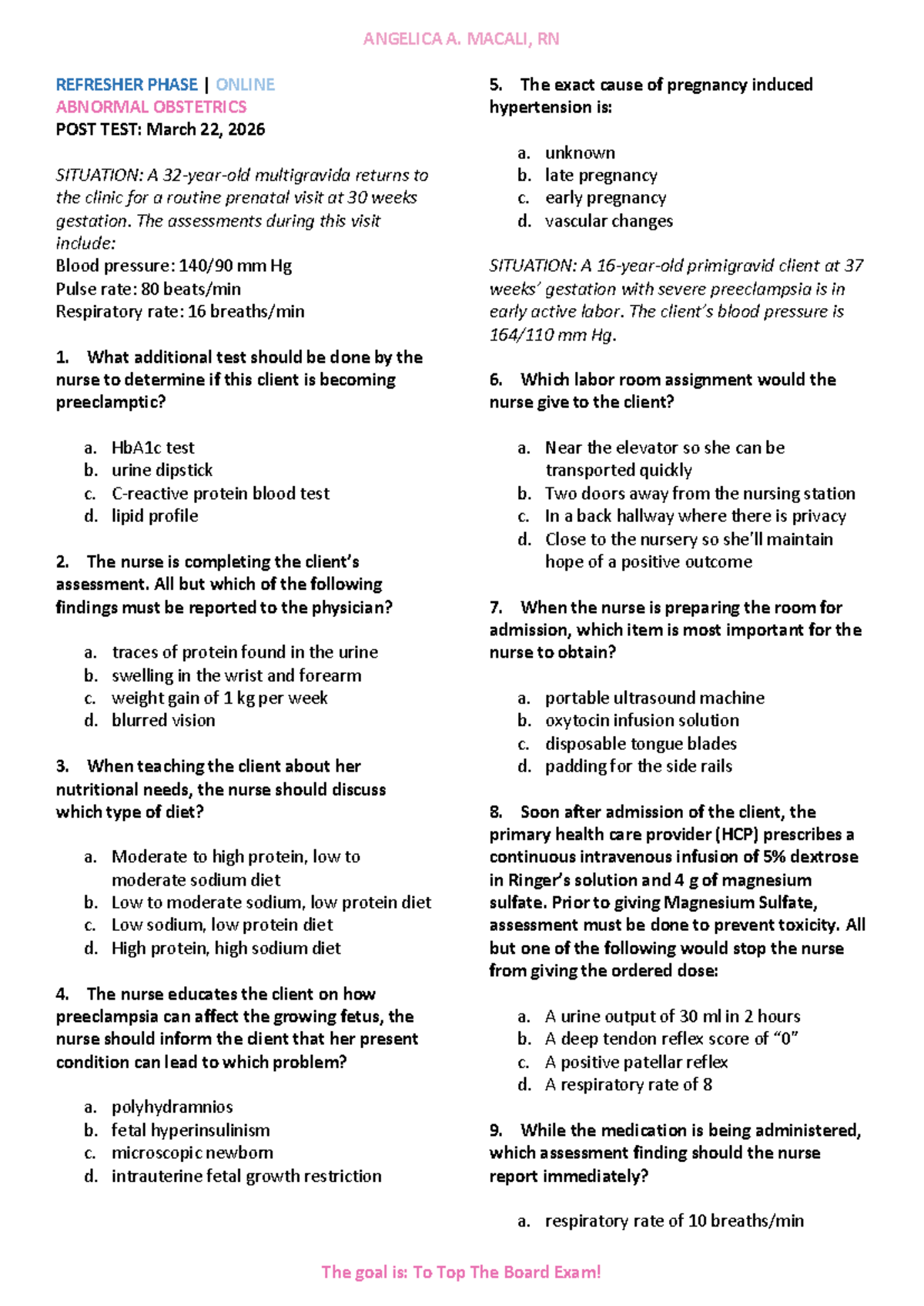 Post Test: ABN OB - Essential Notes for RN Refresher Course - Studocu