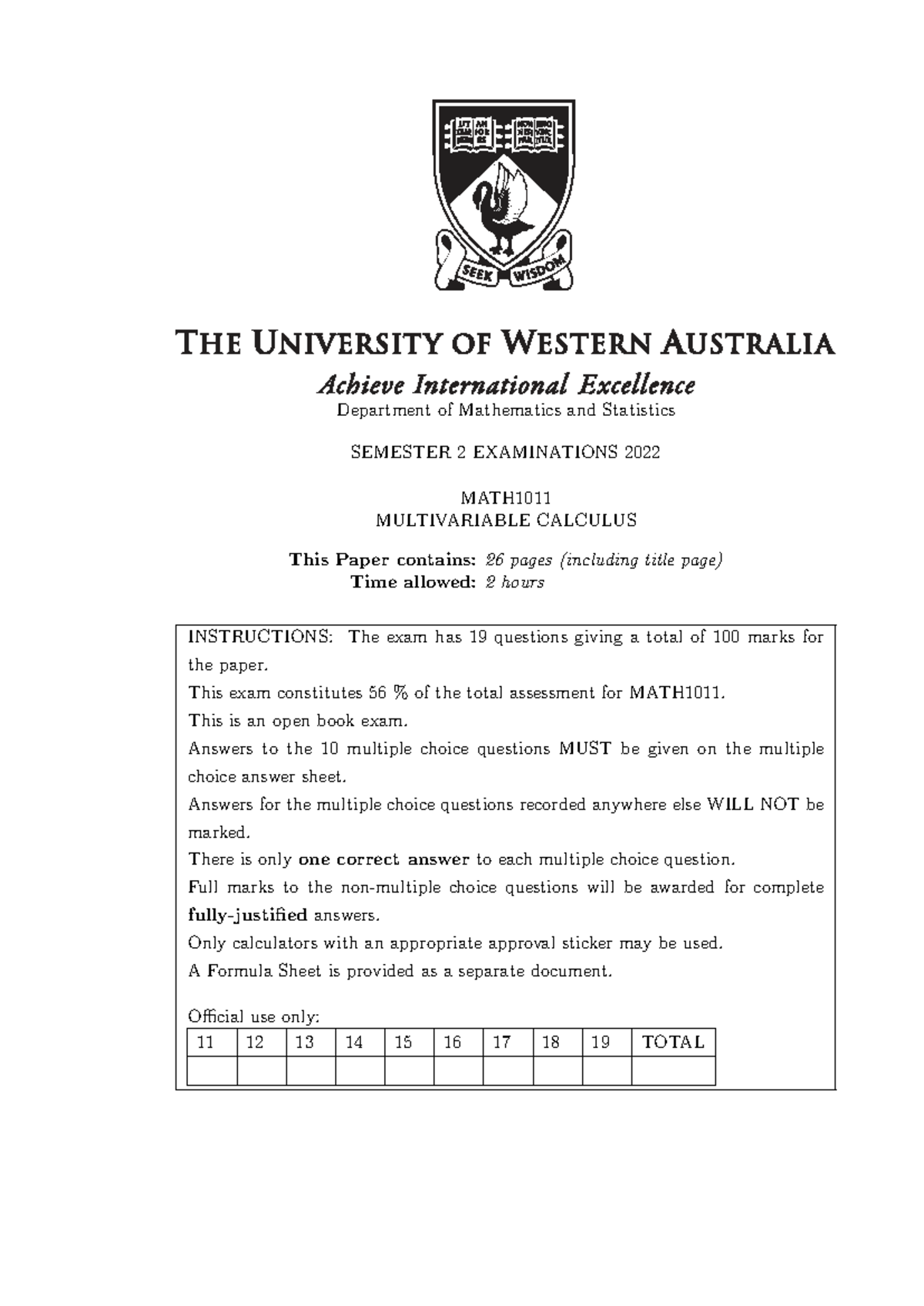 MATH1011 Semester 2 Exam 2022: Multivariable Calculus Questions - Studocu