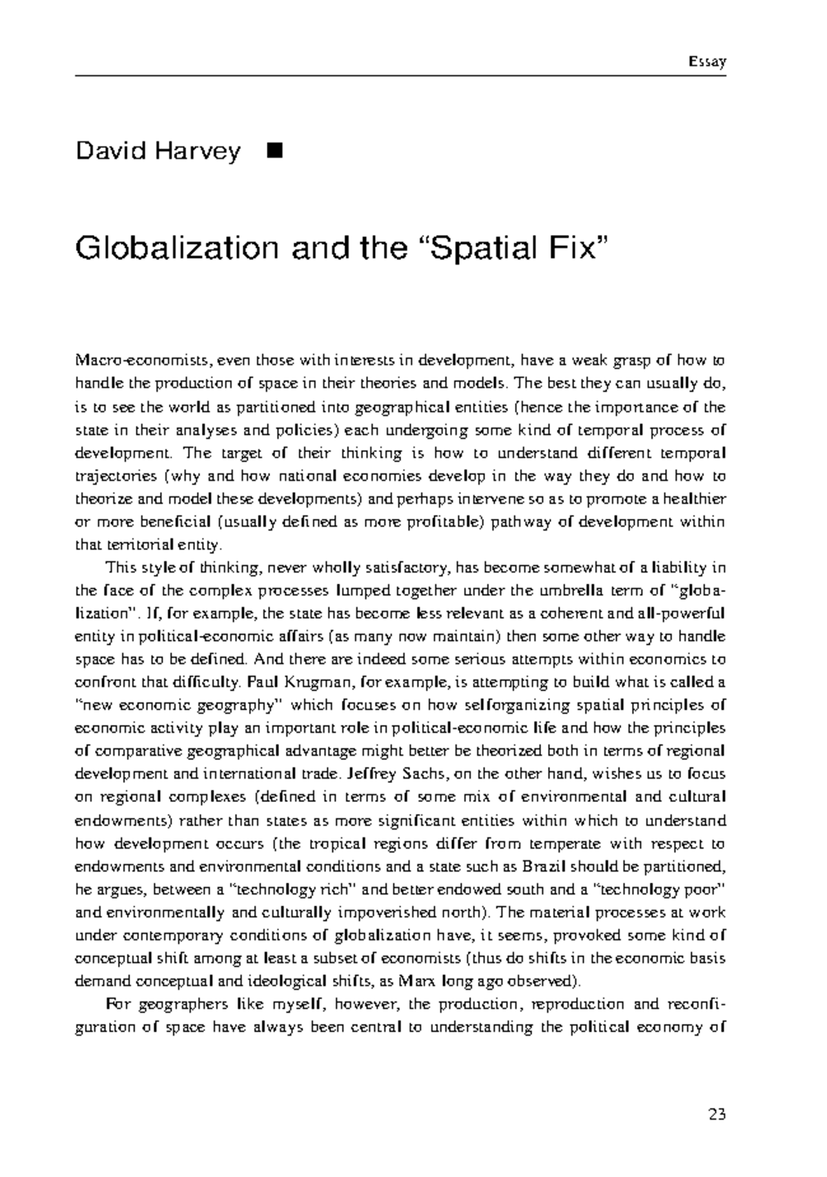Essay on Globalization and the Spatial Fix by David Harvey - Studocu
