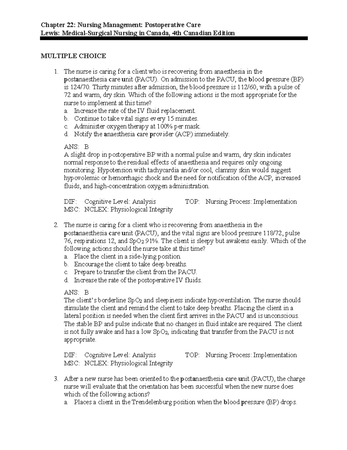 Medsurg Chapter 22: Postoperative Care Nursing Management Notes - Studocu