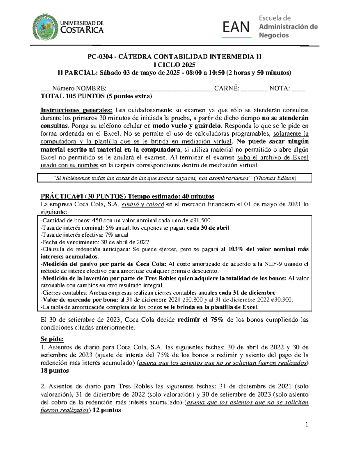 CÁTEDRA CONTABILIDAD INTERMEDIA II - II PARCIAL 2025: Instrucciones y ...