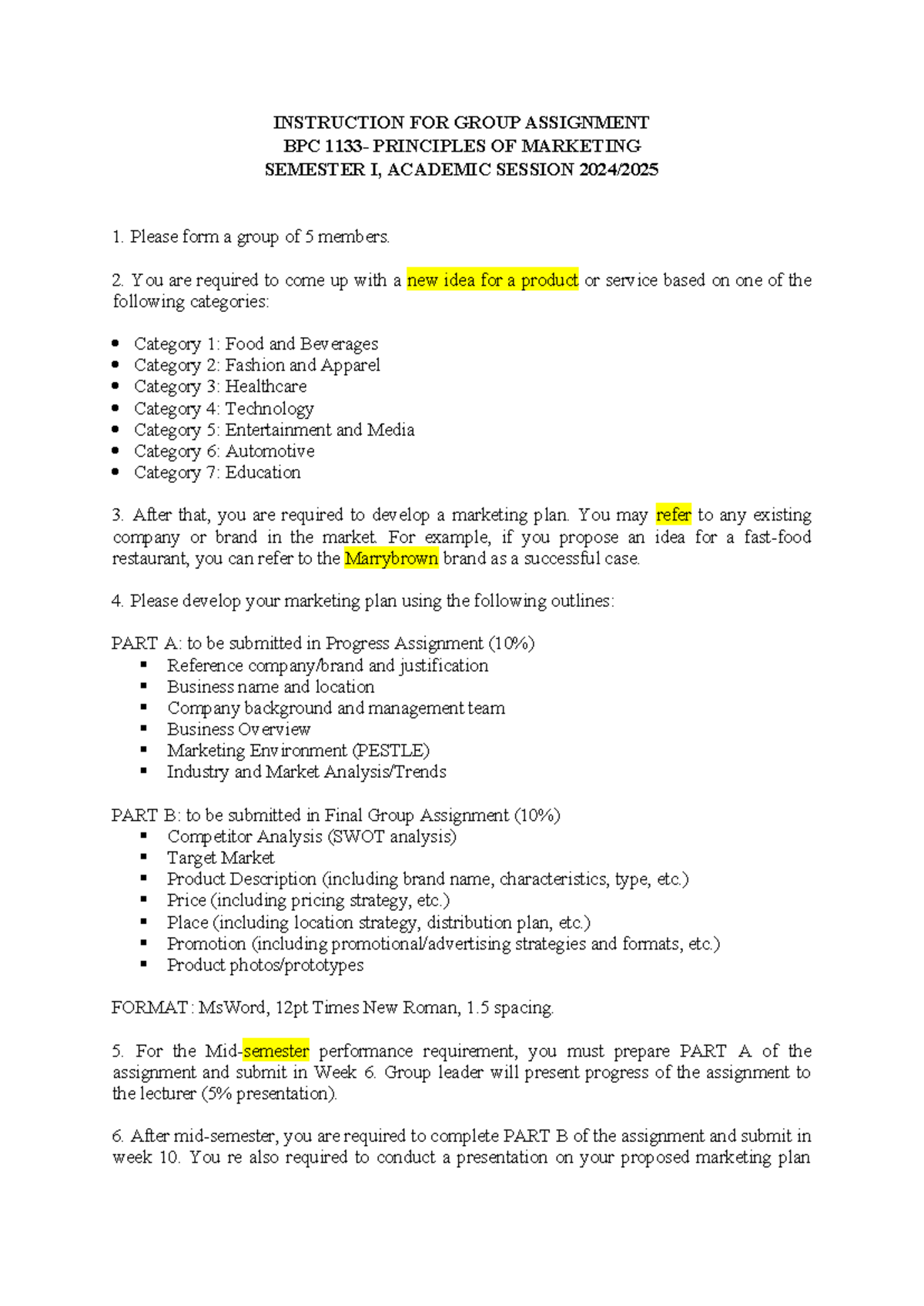 BPC 1133 Group Assignment Instructions: Developing Marketing Plans ...