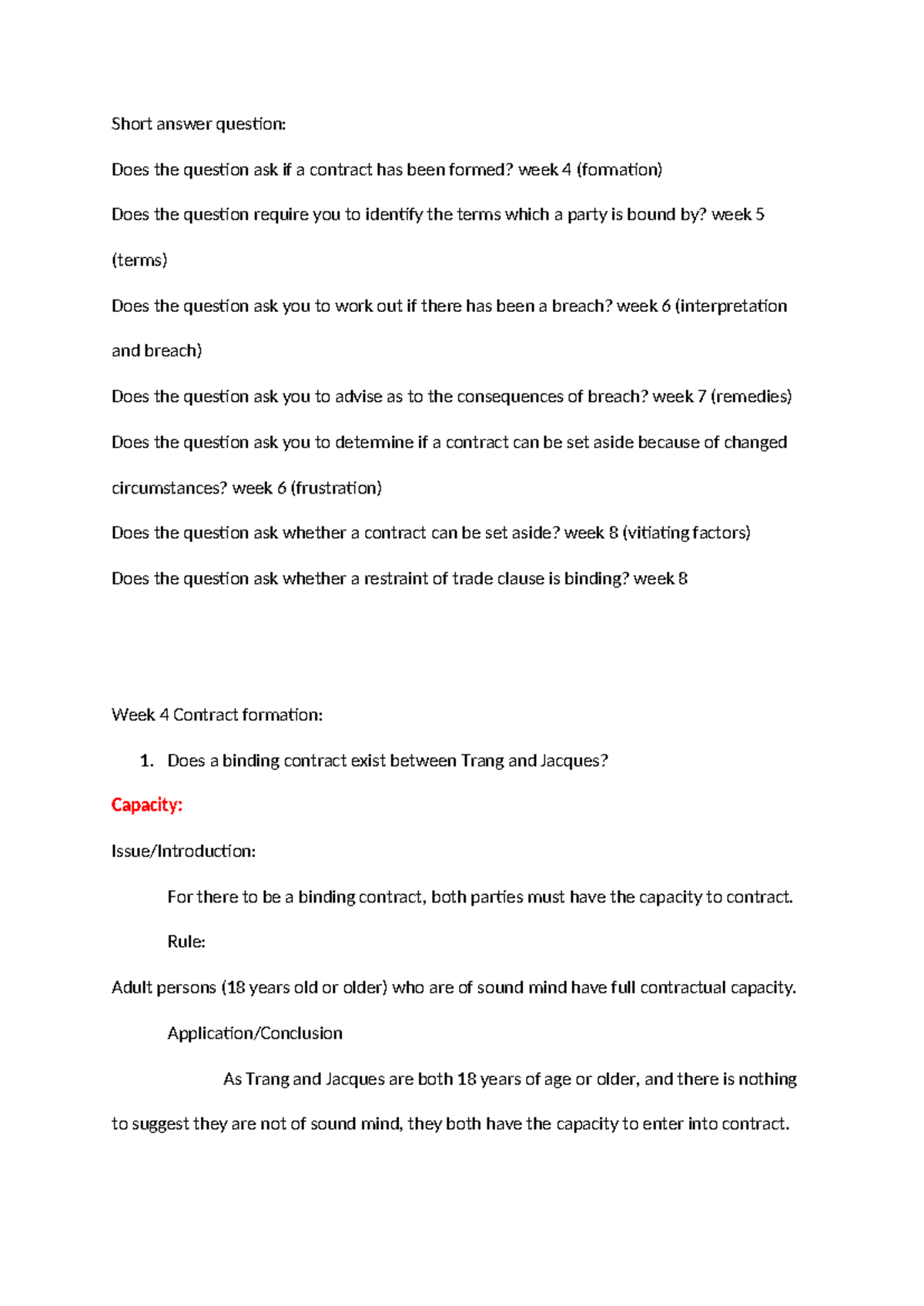 Short Answer Questions on Contract Law: Weeks 4-8 (Formation, Terms ...