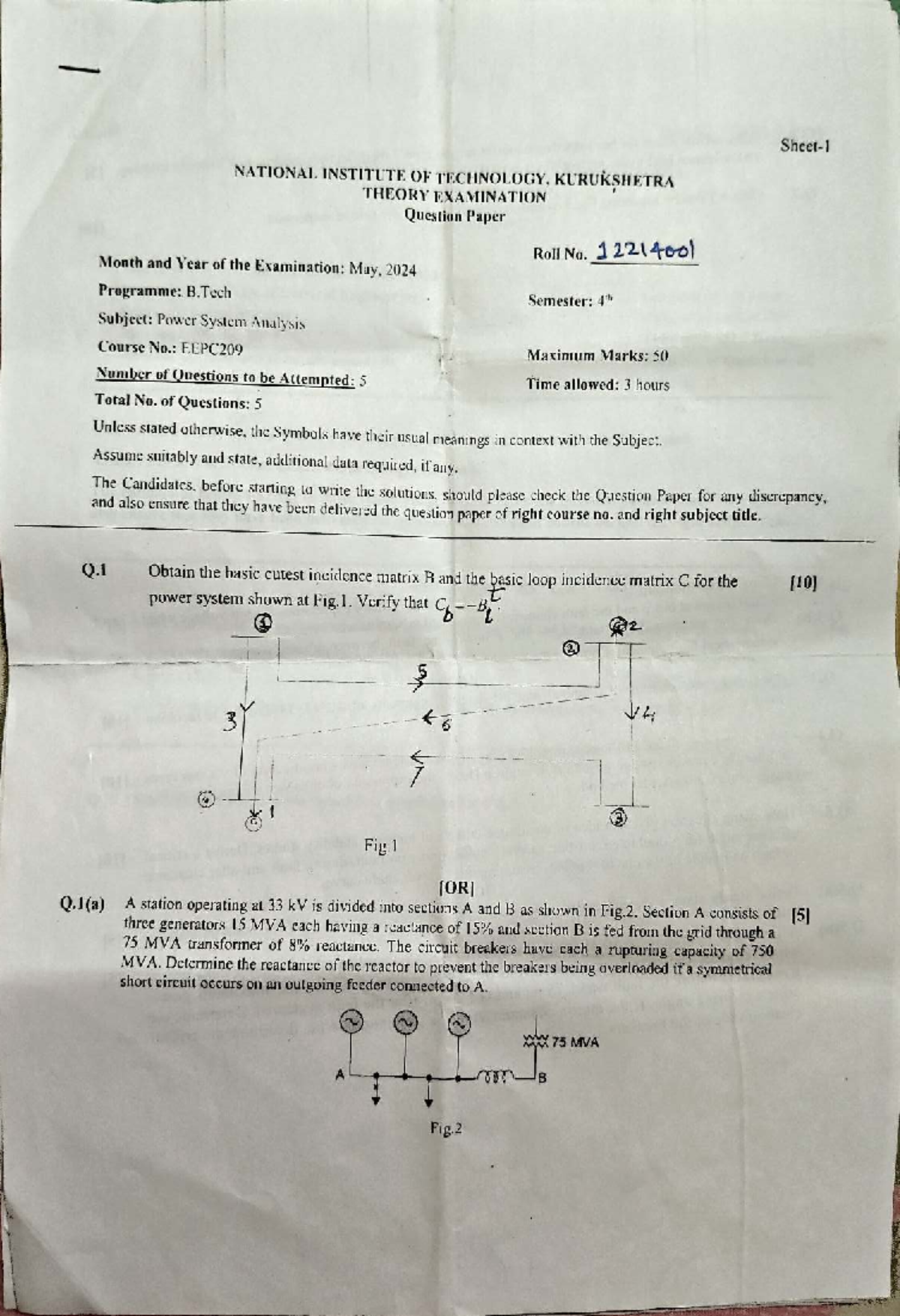 NIT Kurukshetra B.Tech 4th Sem EEPC209 Power System Analysis Exam Paper ...