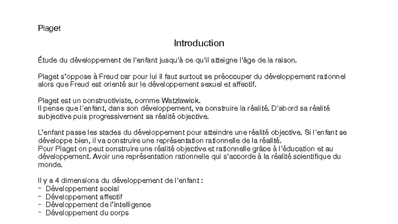 Piaget 101: Introduction au Développement de l'Enfant - Studocu