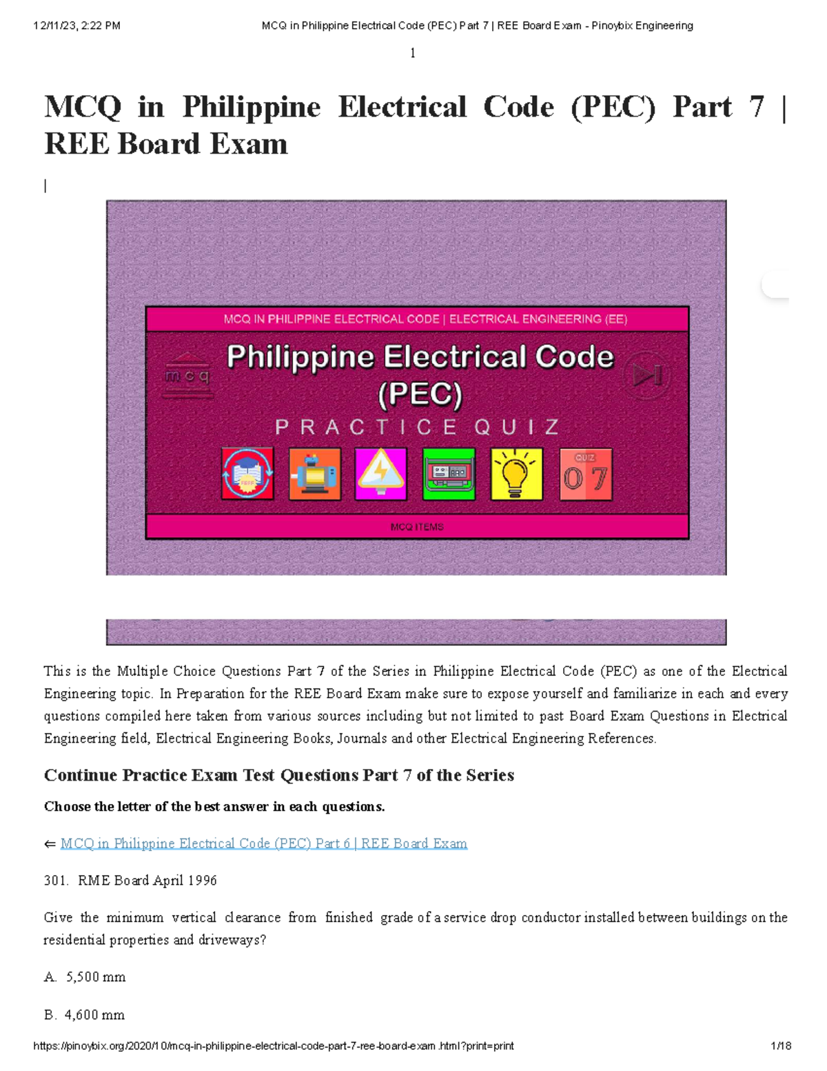 MCQ in Philippine Electrical Code (PEC) Part 7 REE Board Exam notes ...