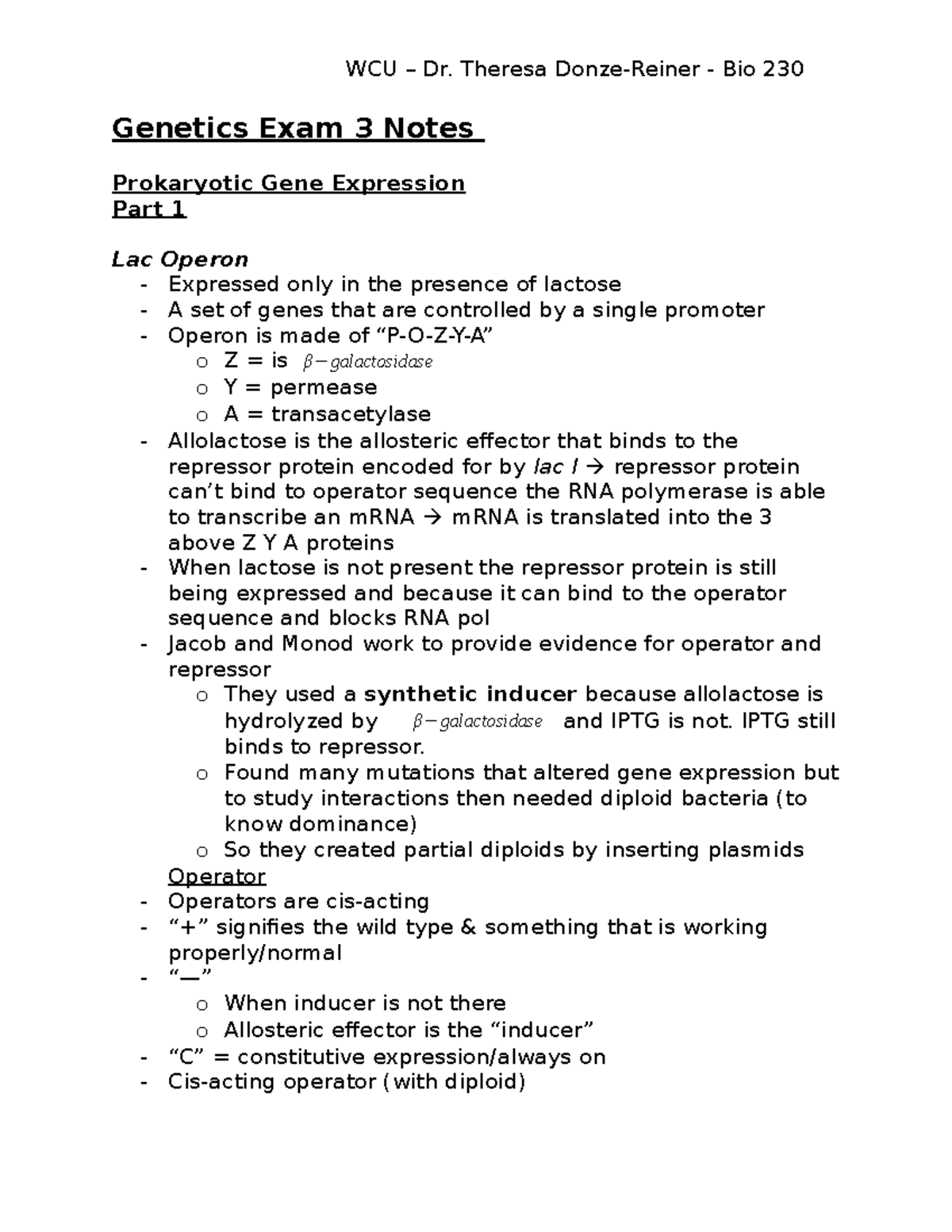 Genetics Exam 3 Notes - Genetics Exam 3 Notes Prokaryotic Gene ...
