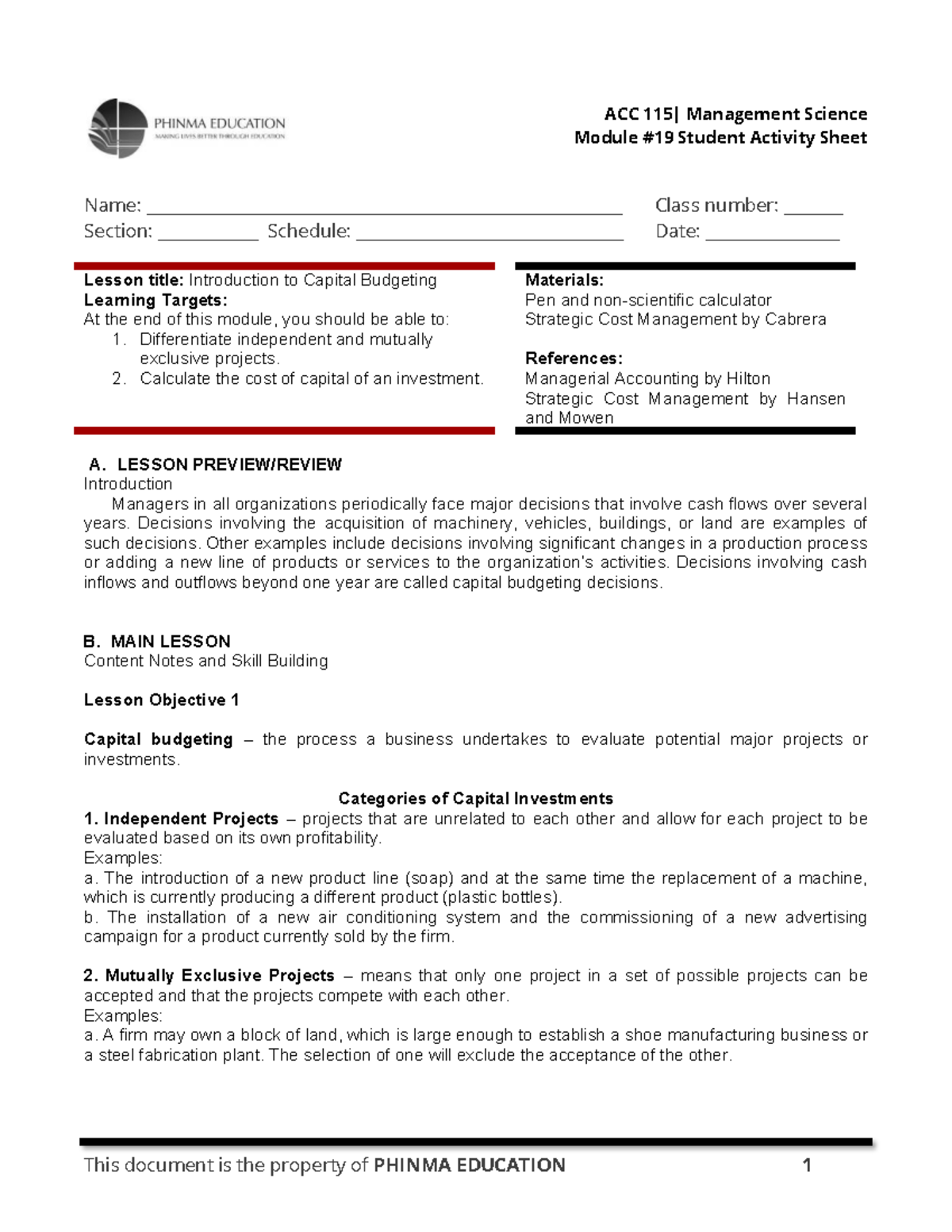 SAS19-ACC115 - Lesson Notes on Capital Budgeting Concepts - Studocu