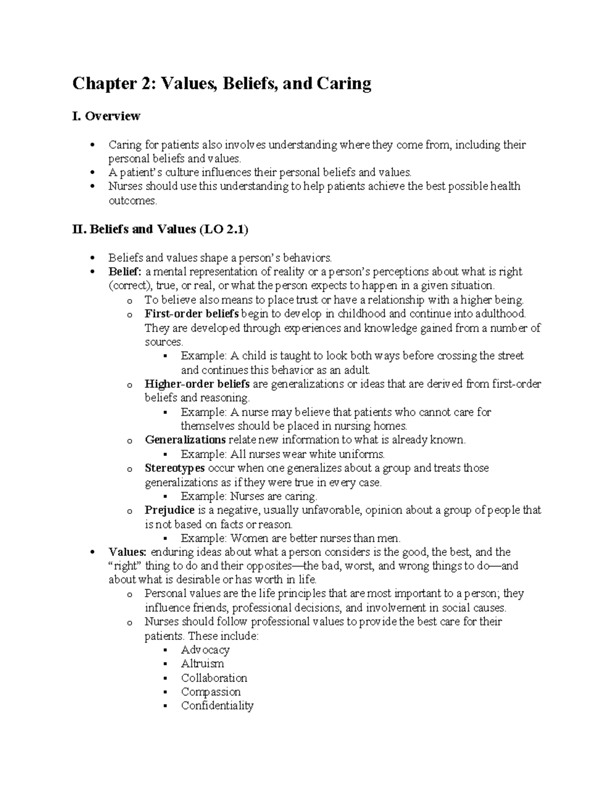 NURS 101: Chapter 2 - Understanding Values, Beliefs, and Caring in ...